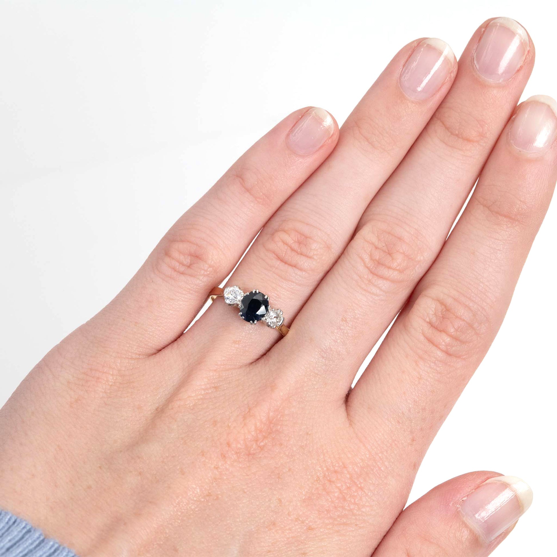 Art Deco 18ct Yellow Gold Sapphire and Diamond Three Stone Ring - Friar House