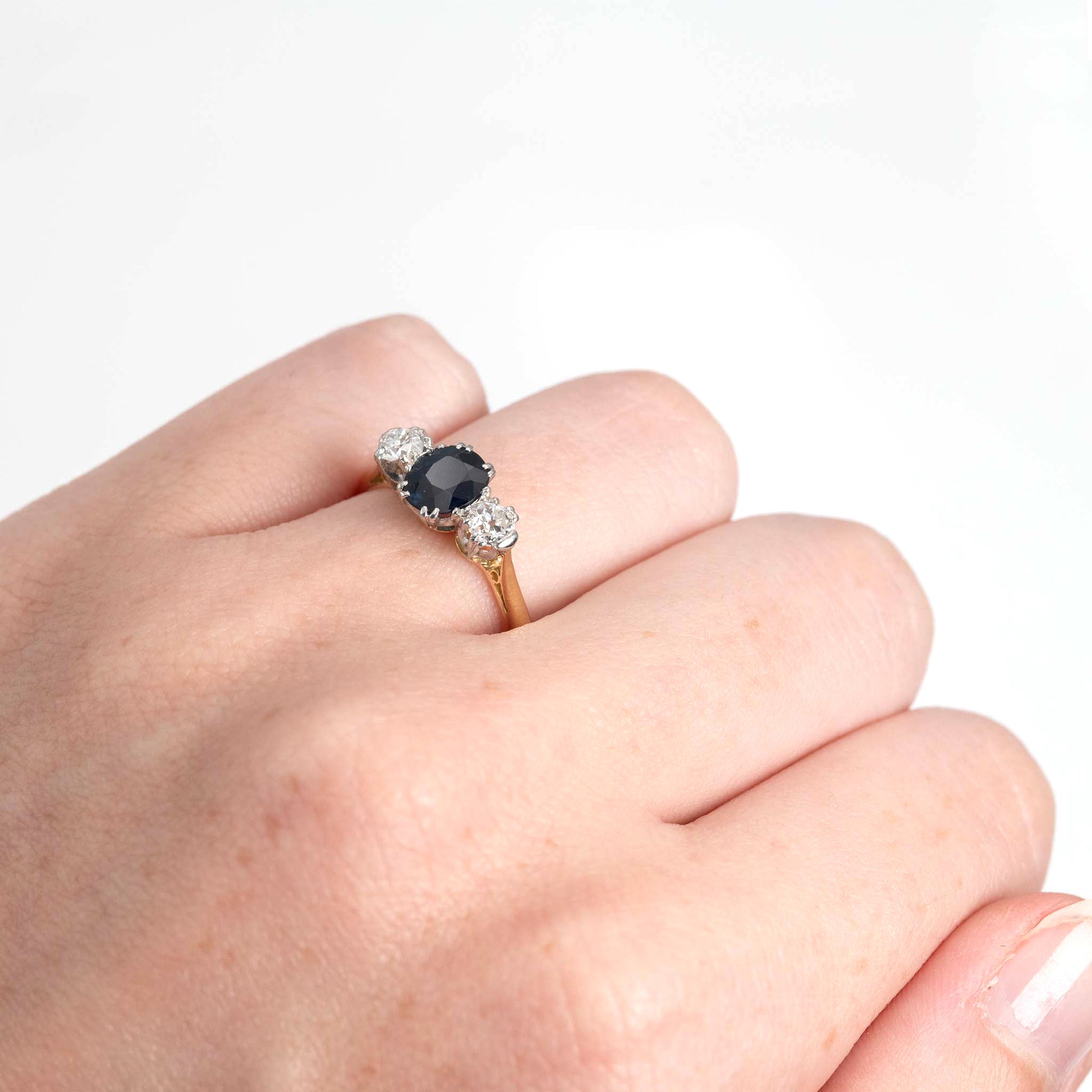 Art Deco 18ct Yellow Gold Sapphire and Diamond Three Stone Ring - Friar House