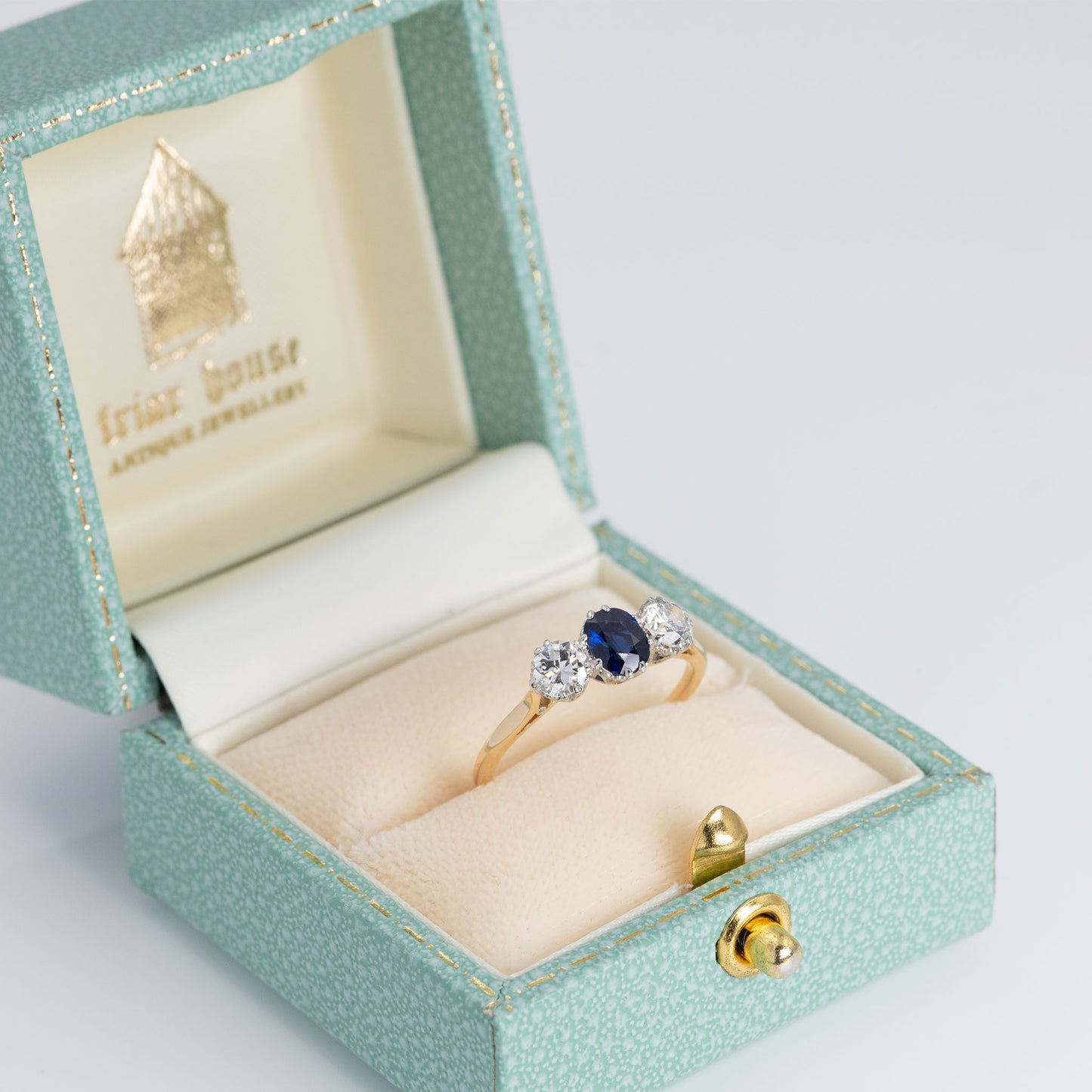 Art Deco 18ct Yellow Gold Sapphire and Diamond Three Stone Ring - Friar House