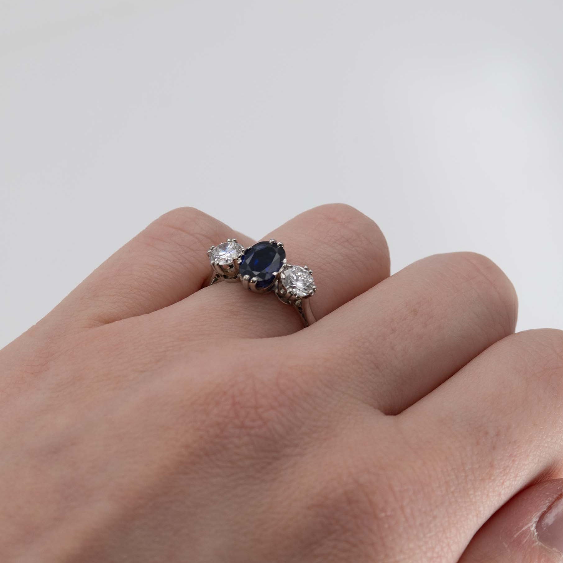 Art Deco Platinum 1.4 carat Sapphire and Diamond Three Stone Ring - Friar House