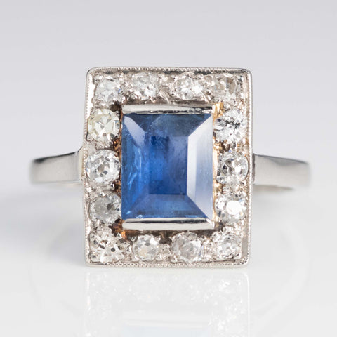 Art Deco Platinum 1.8 carat Sapphire and Diamond Cluster Ring