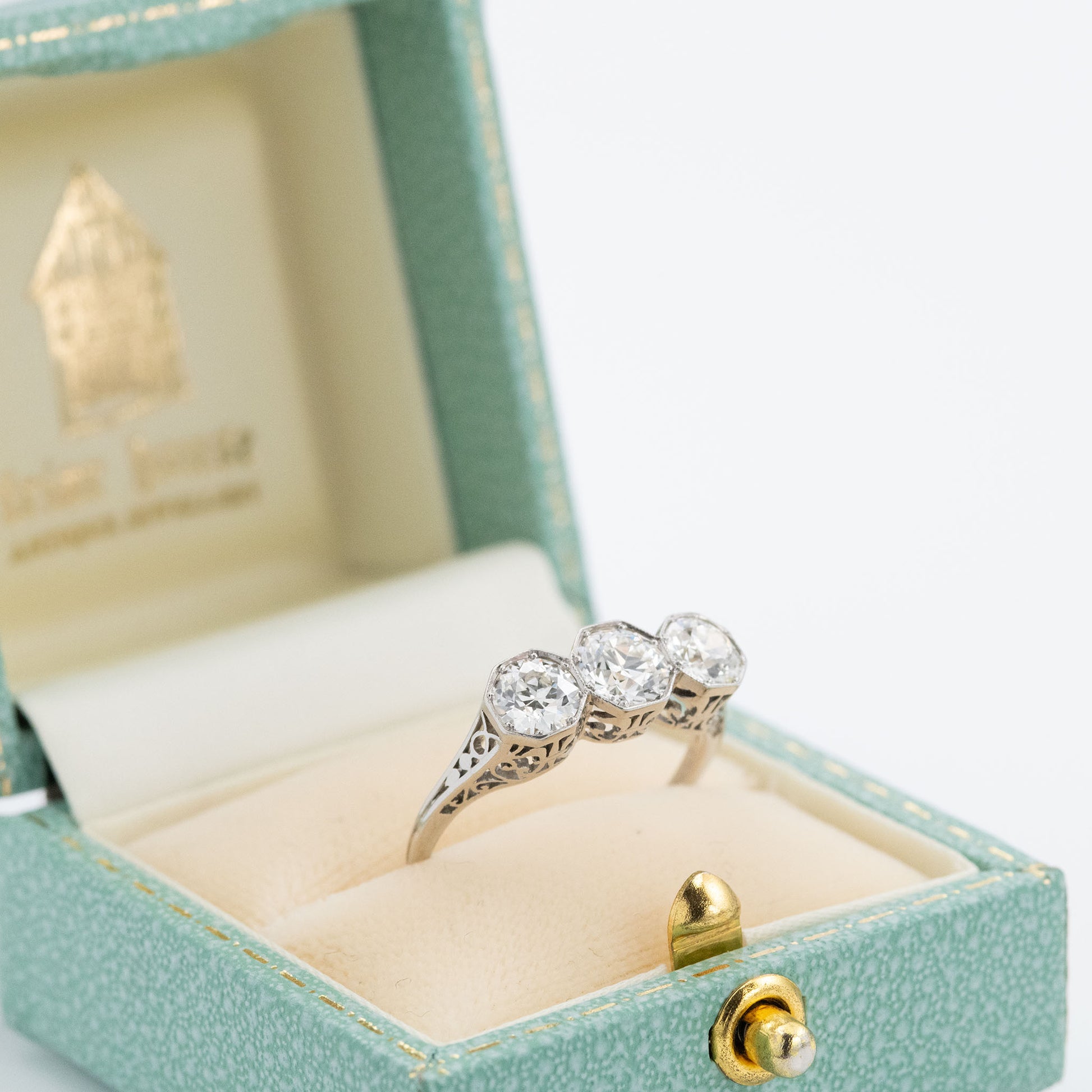 Art Deco Platinum 2 Carat Diamond Three Stone Ring - Friar House Antique Jewellery