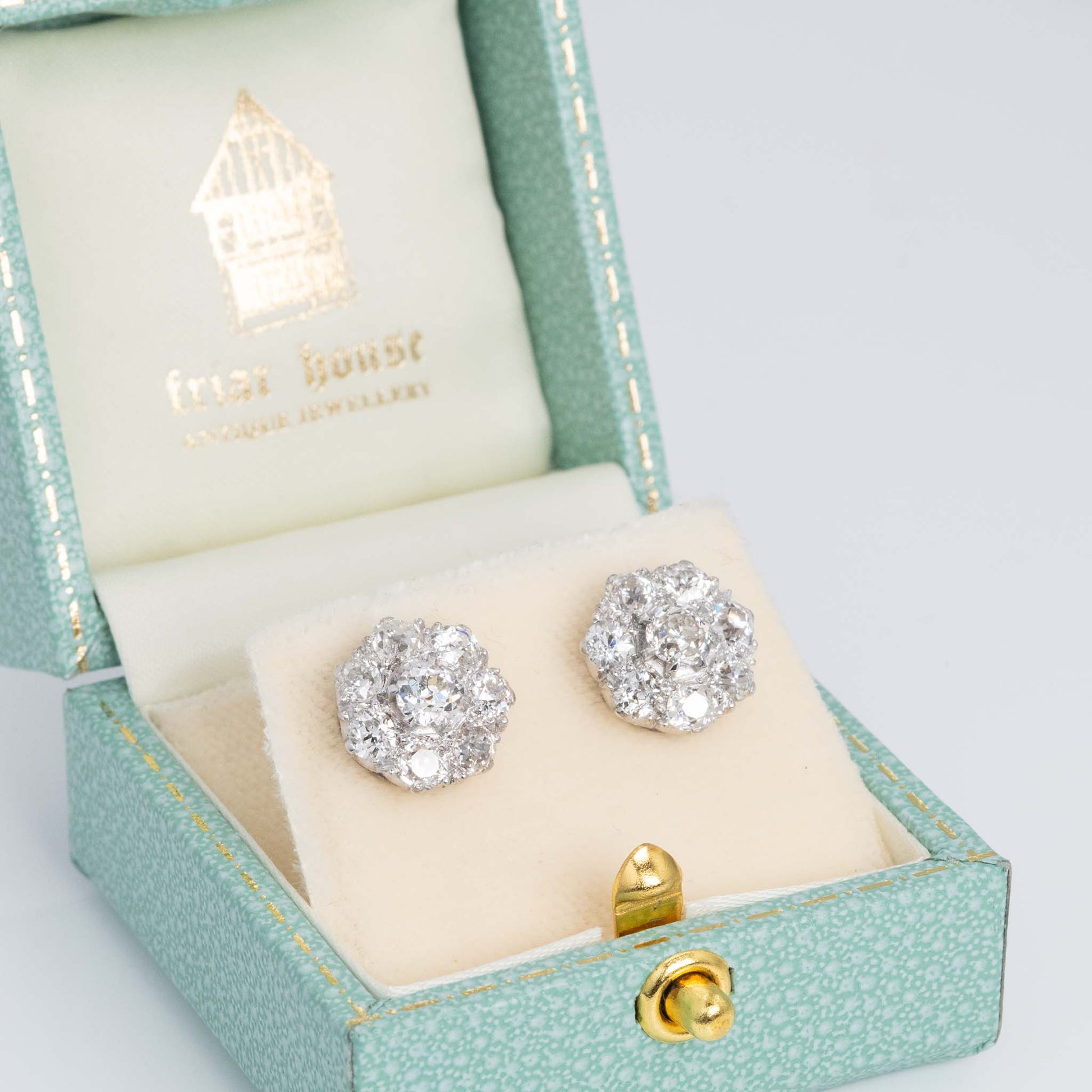 Art Deco Platinum 3.6 carat Diamond Cluster Earrings - Friar House