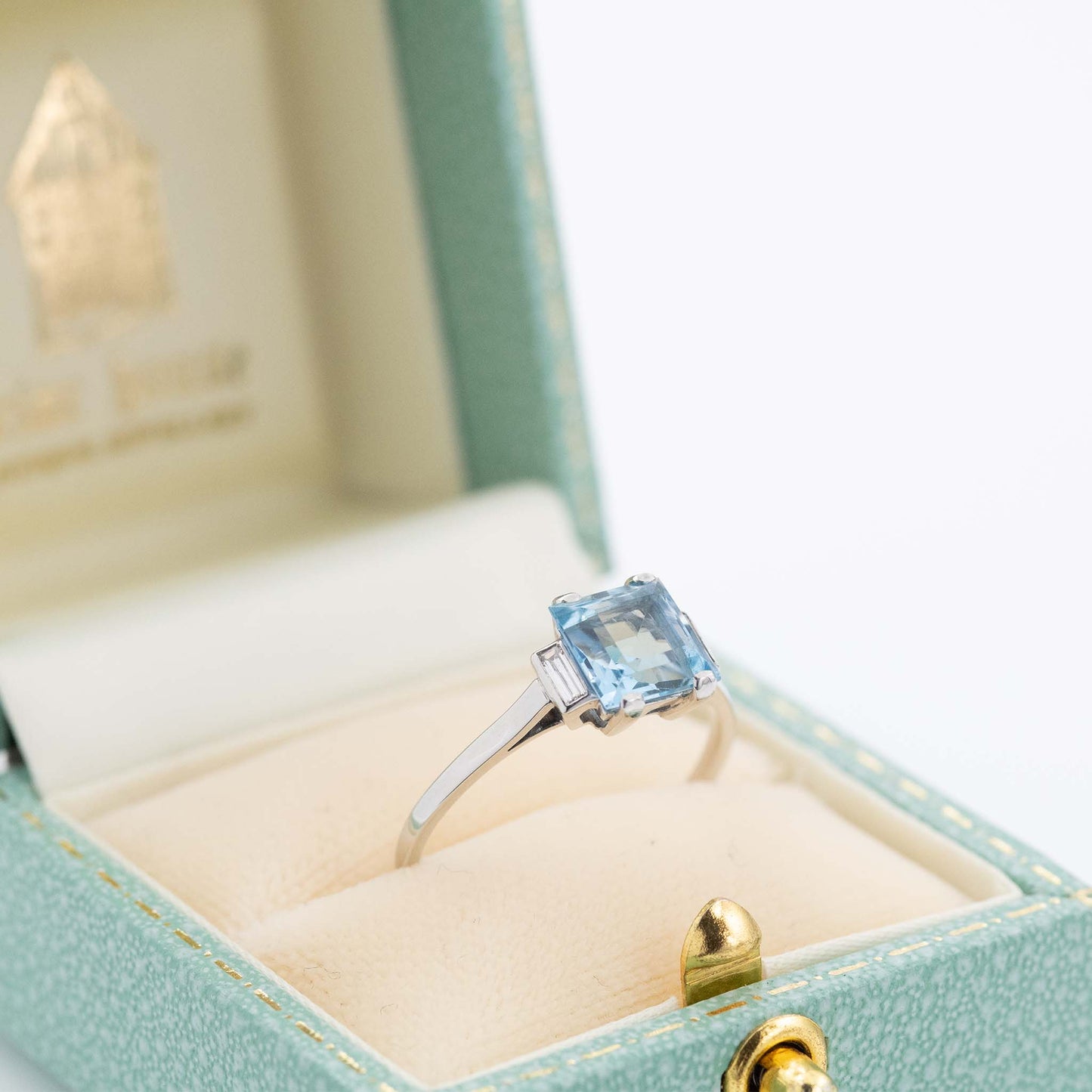 Art Deco Platinum Aquamarine Solitaire Ring - Friar House Antique Jewellery