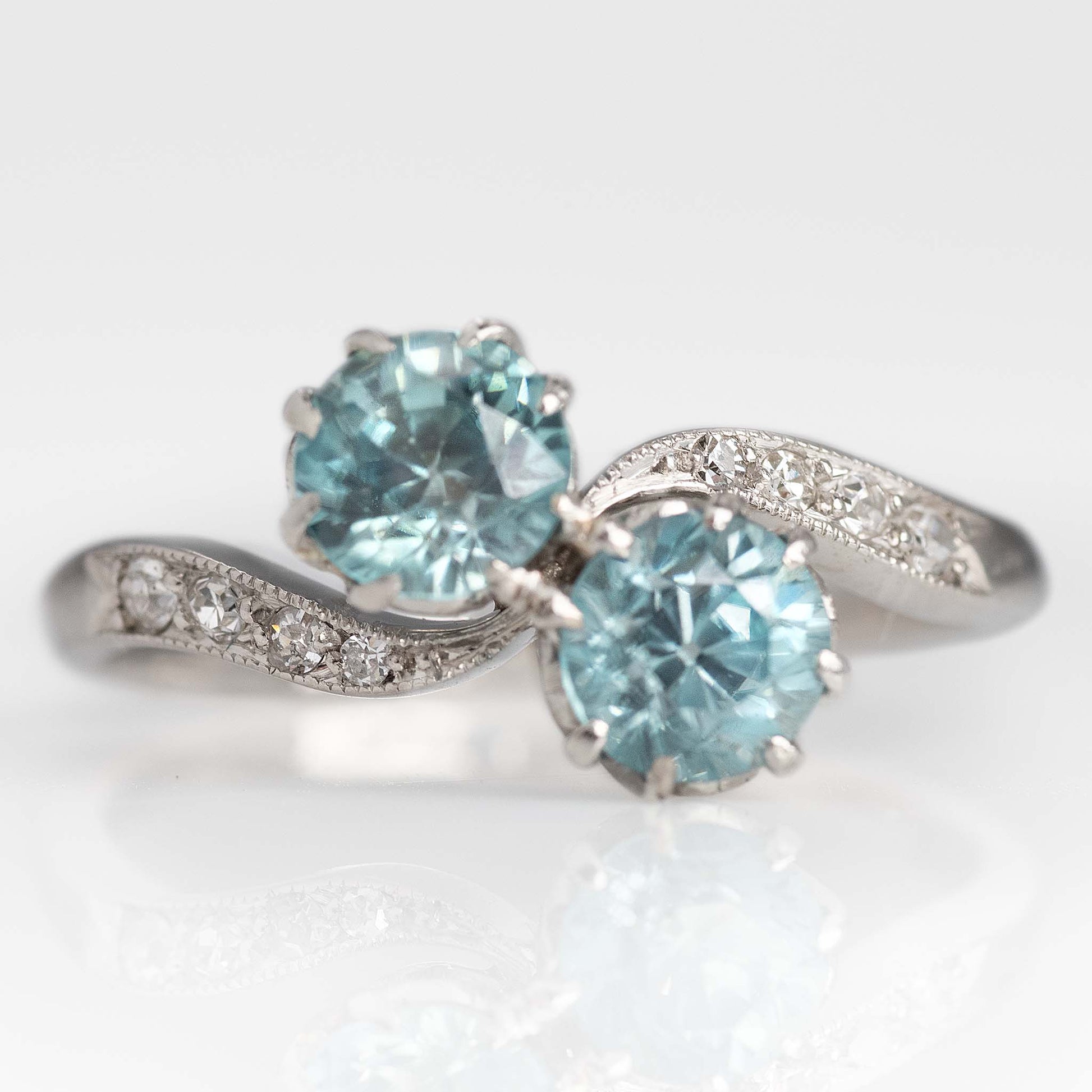 Art Deco Platinum Blue Zircon Two Stone Crossover Ring - Friar House