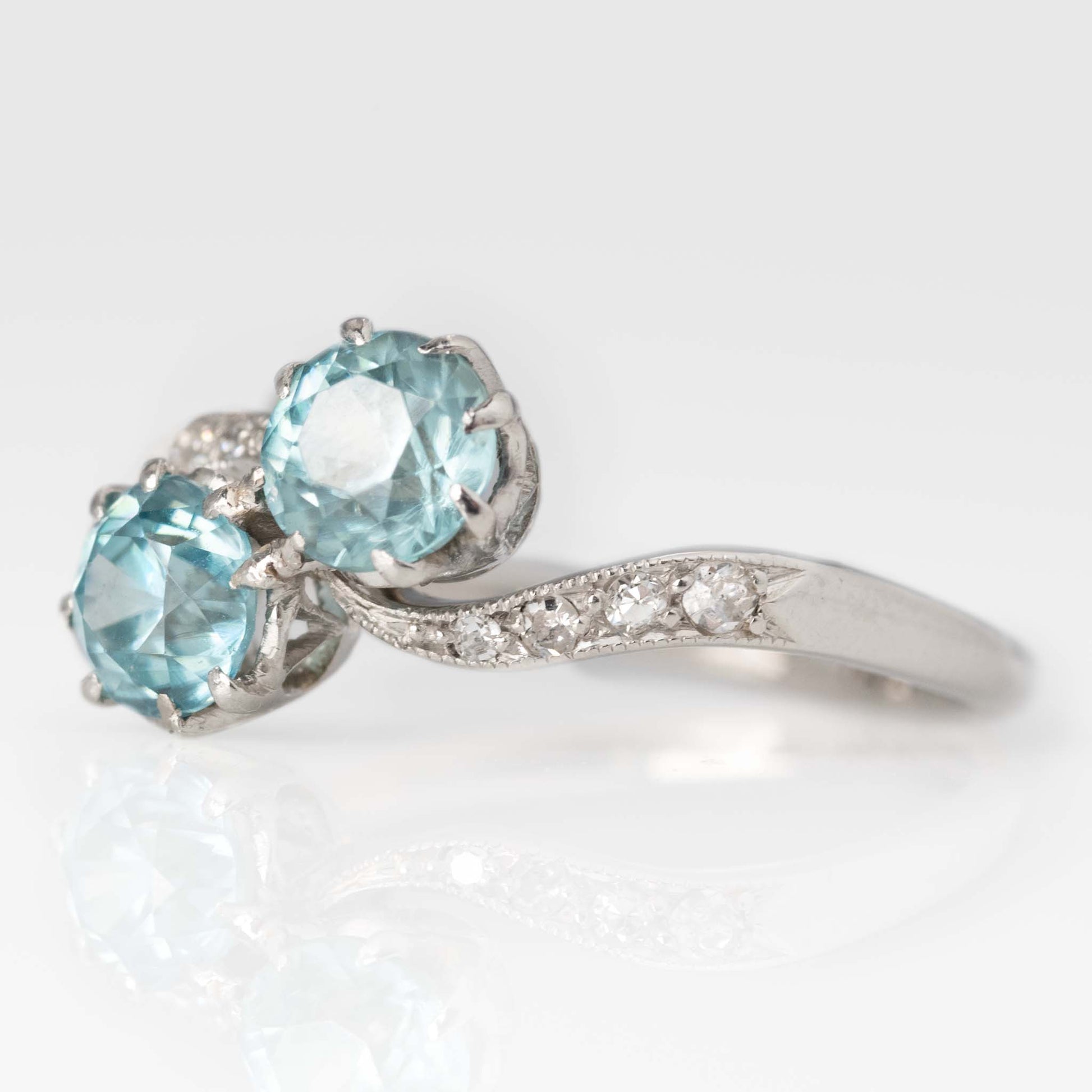 Art Deco Platinum Blue Zircon Two Stone Crossover Ring - Friar House