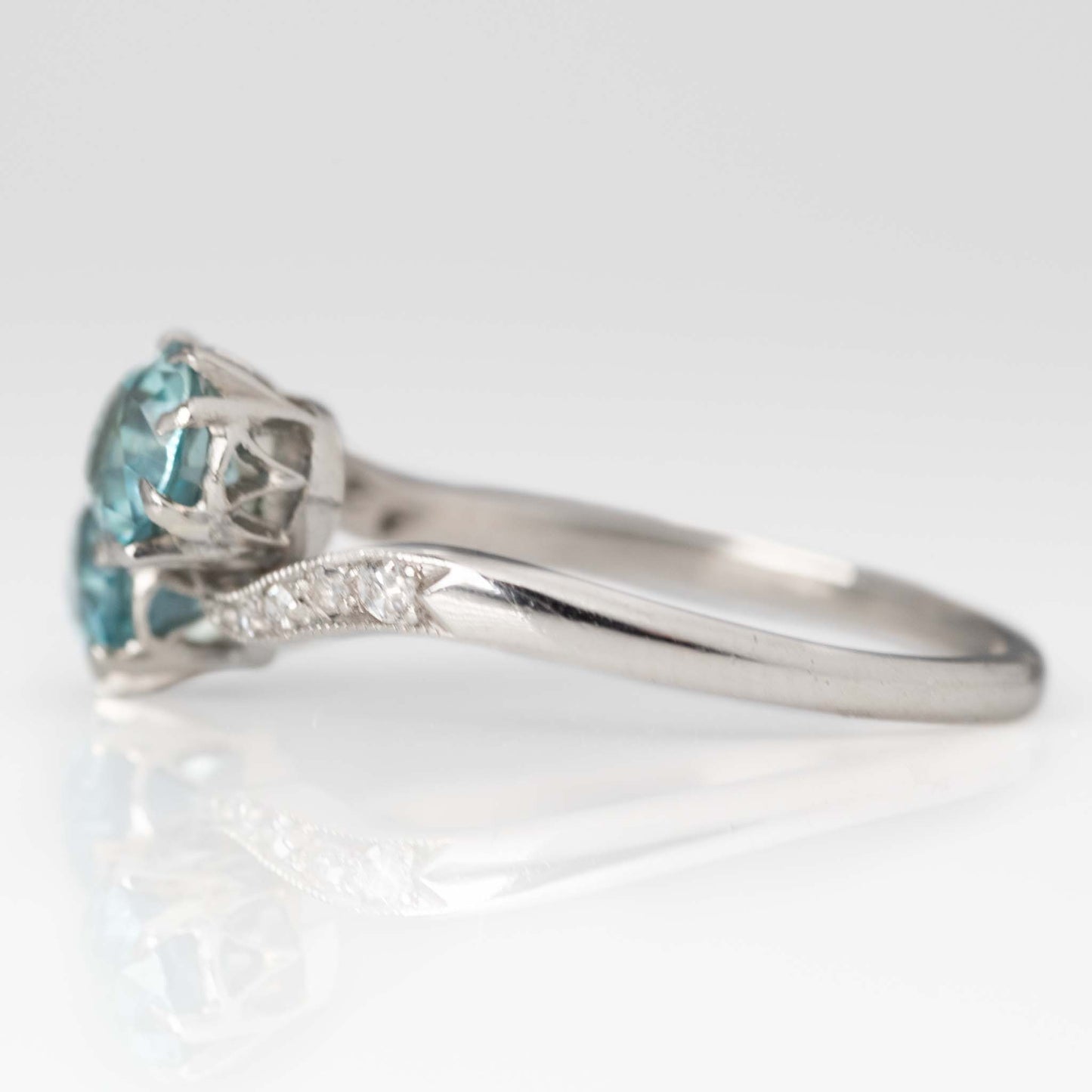 Art Deco Platinum Blue Zircon Two Stone Crossover Ring - Friar House