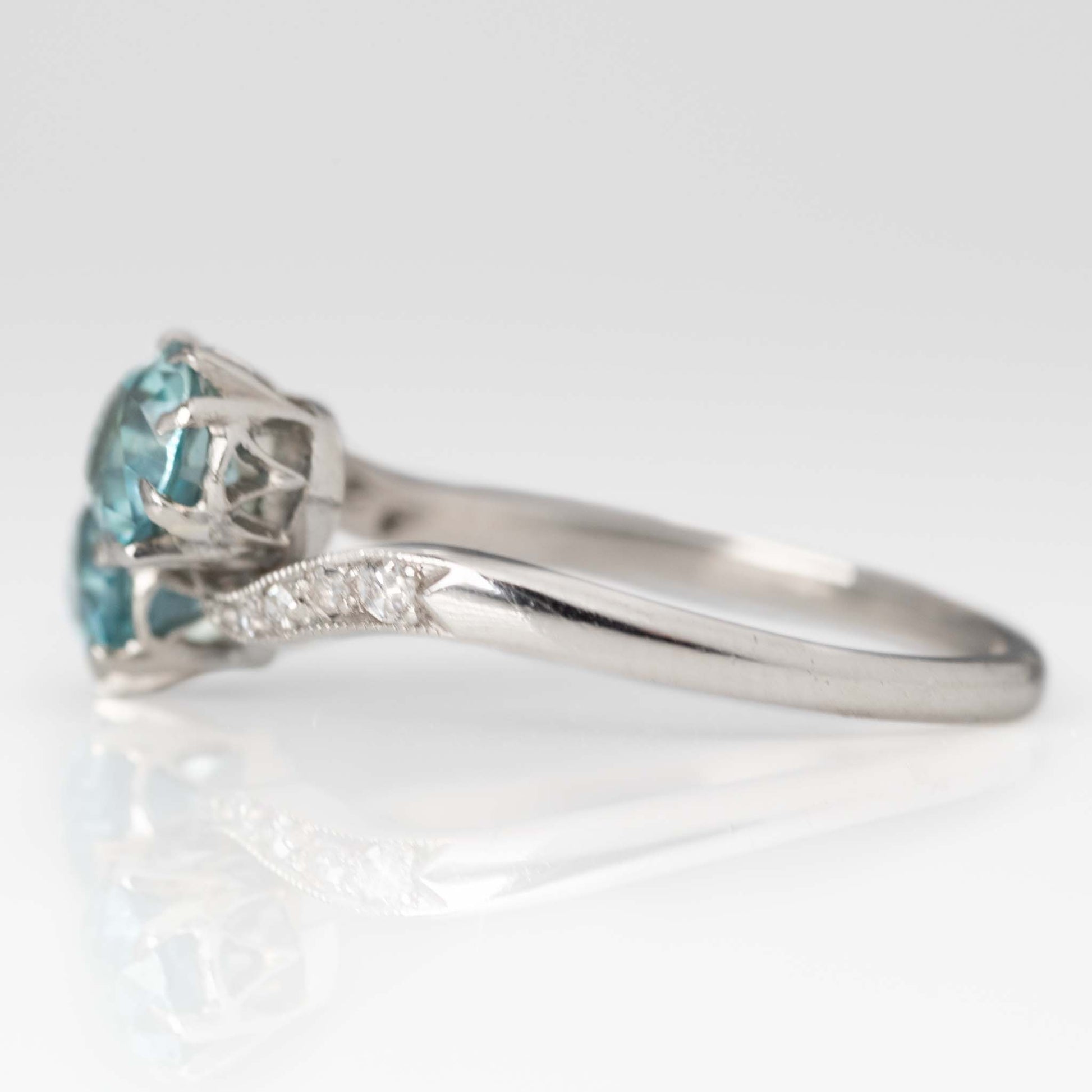 Art Deco Platinum Blue Zircon Two Stone Crossover Ring - Friar House