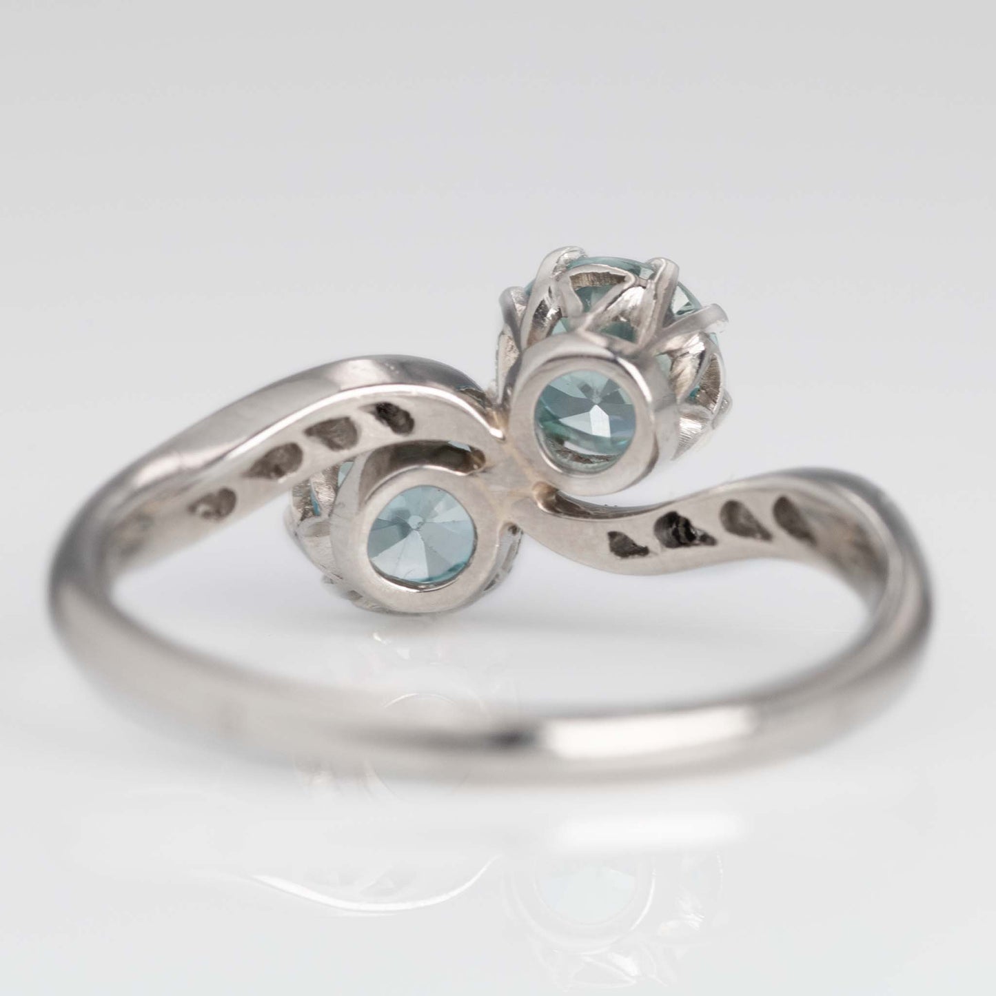 Art Deco Platinum Blue Zircon Two Stone Crossover Ring - Friar House