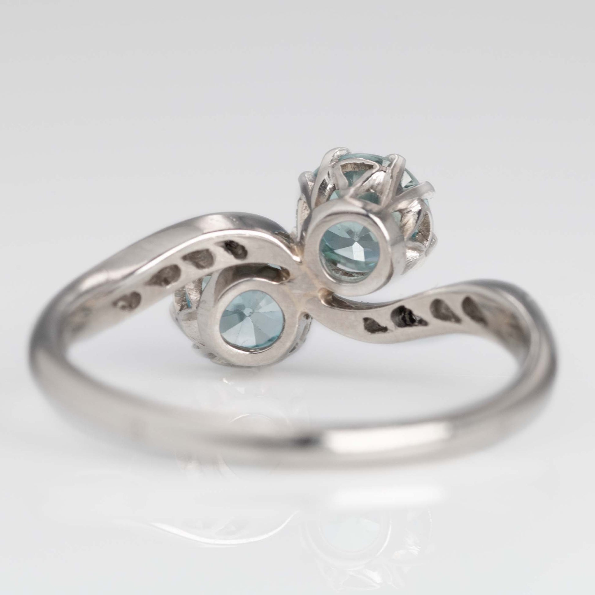 Art Deco Platinum Blue Zircon Two Stone Crossover Ring - Friar House