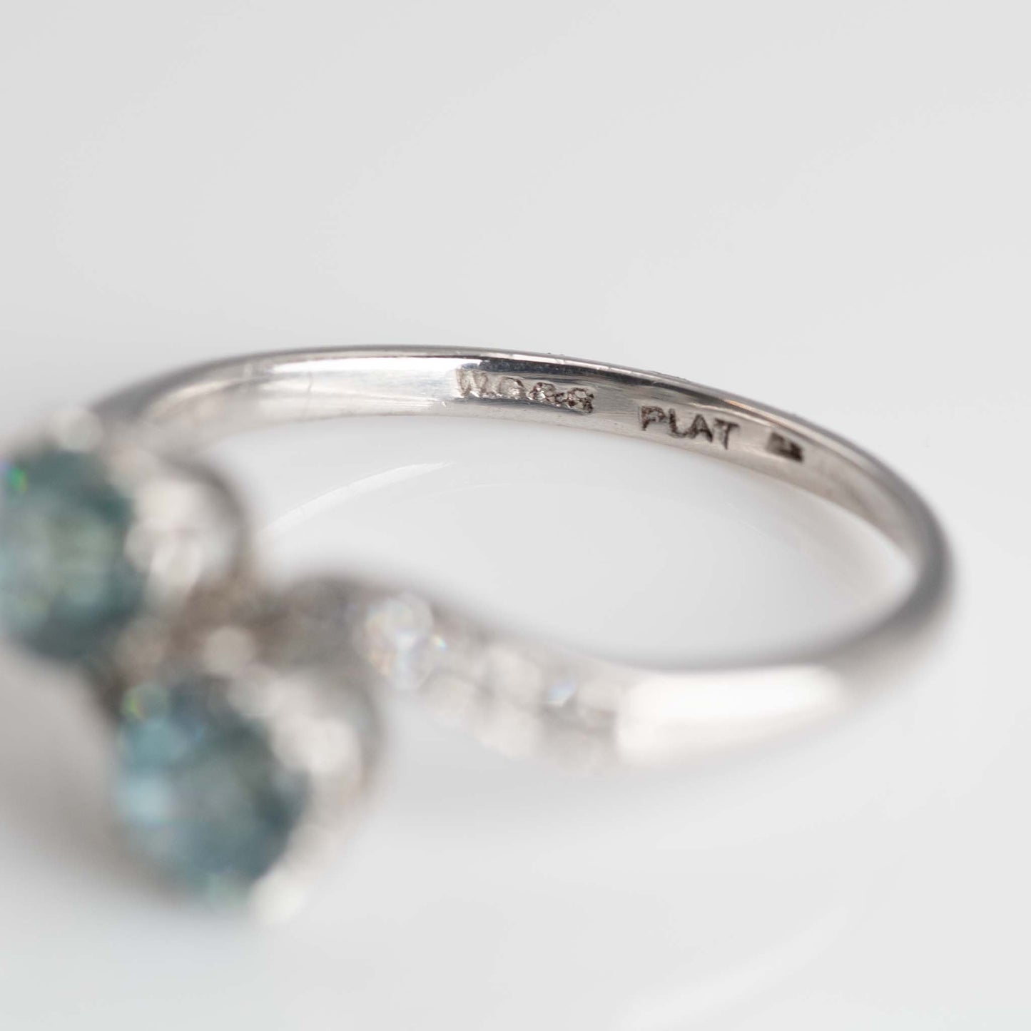 Art Deco Platinum Blue Zircon Two Stone Crossover Ring - Friar House