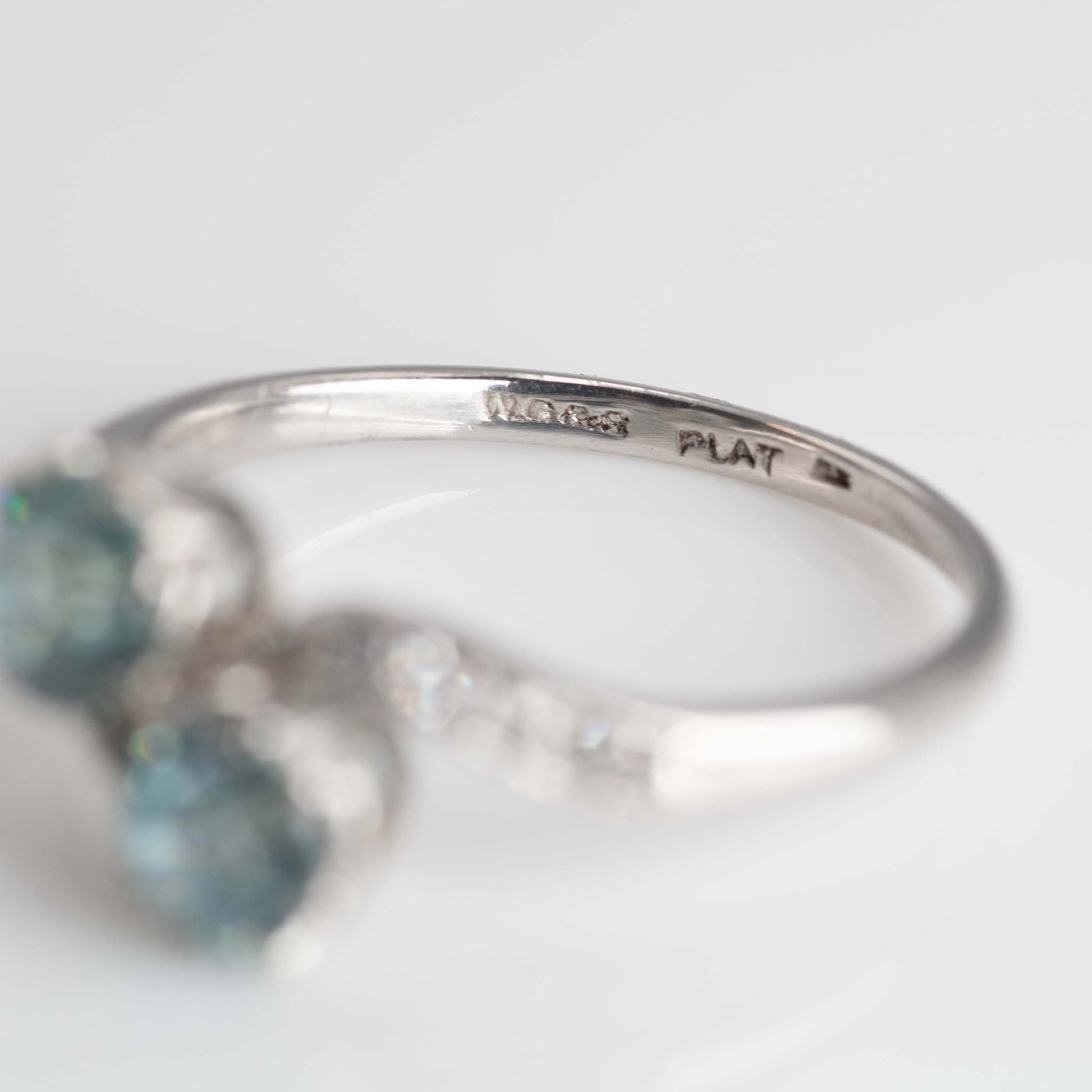 Art Deco Platinum Blue Zircon Two Stone Crossover Ring - Friar House