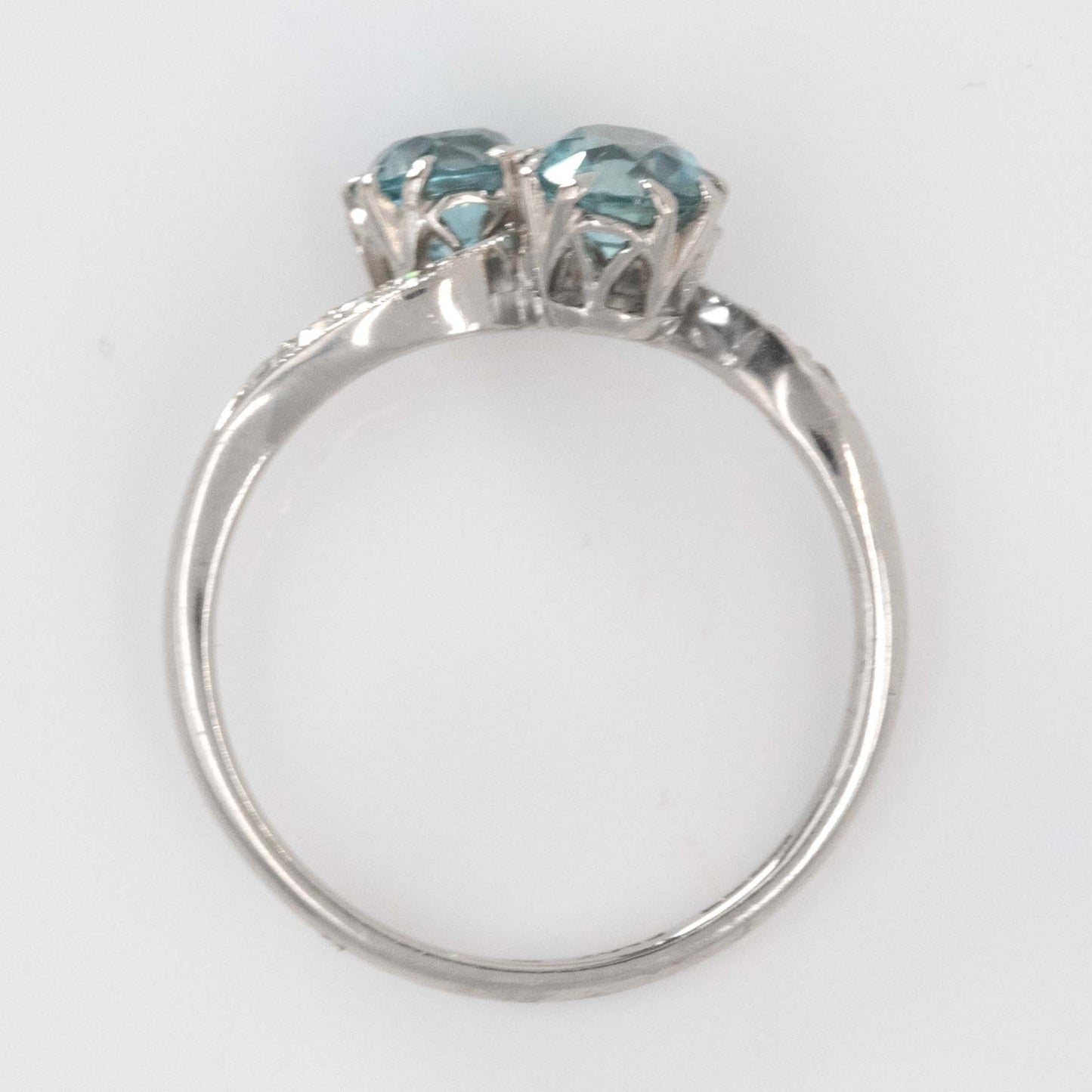 Art Deco Platinum Blue Zircon Two Stone Crossover Ring - Friar House