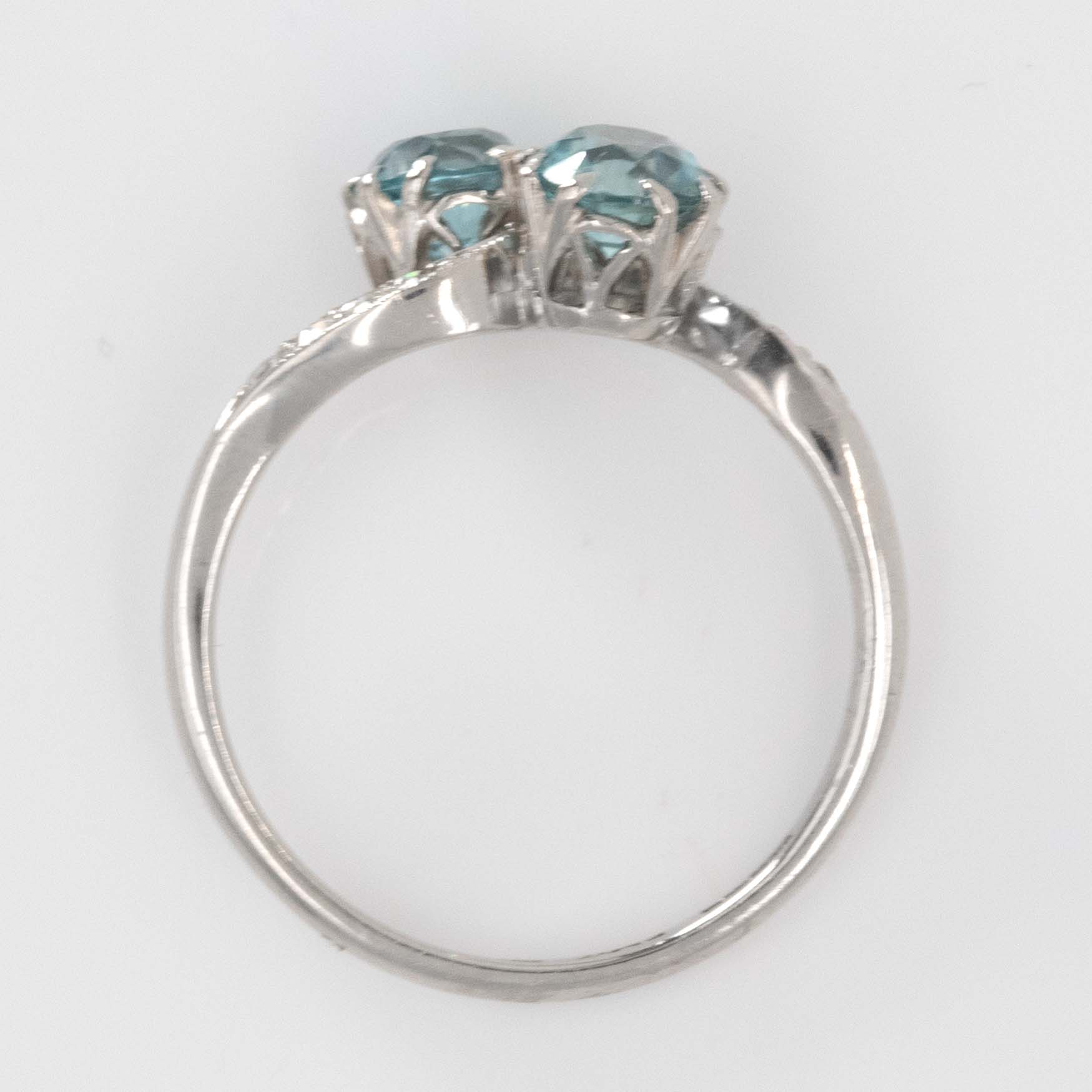 Art Deco Platinum Blue Zircon Two Stone Crossover Ring - Friar House