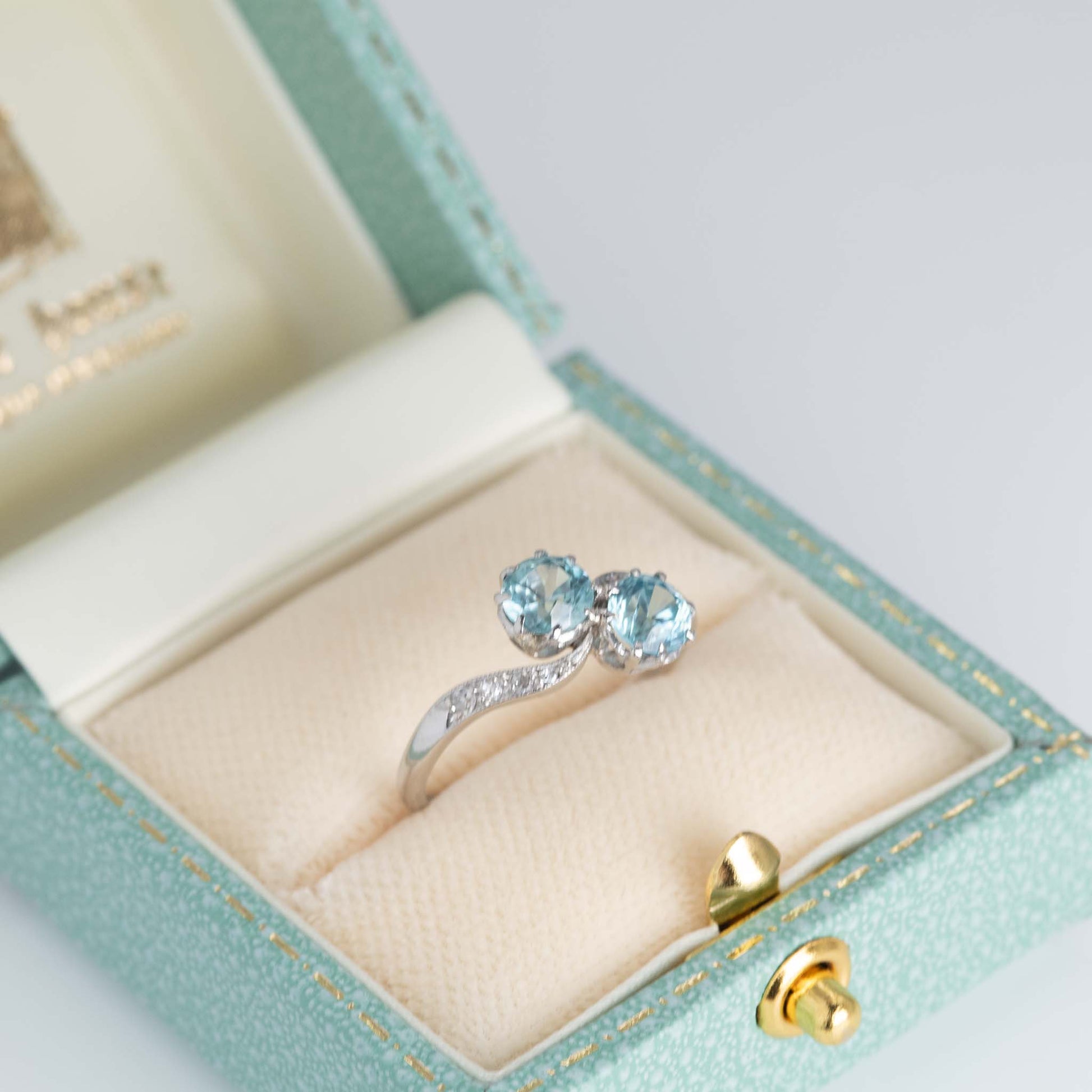 Art Deco Platinum Blue Zircon Two Stone Crossover Ring - Friar House