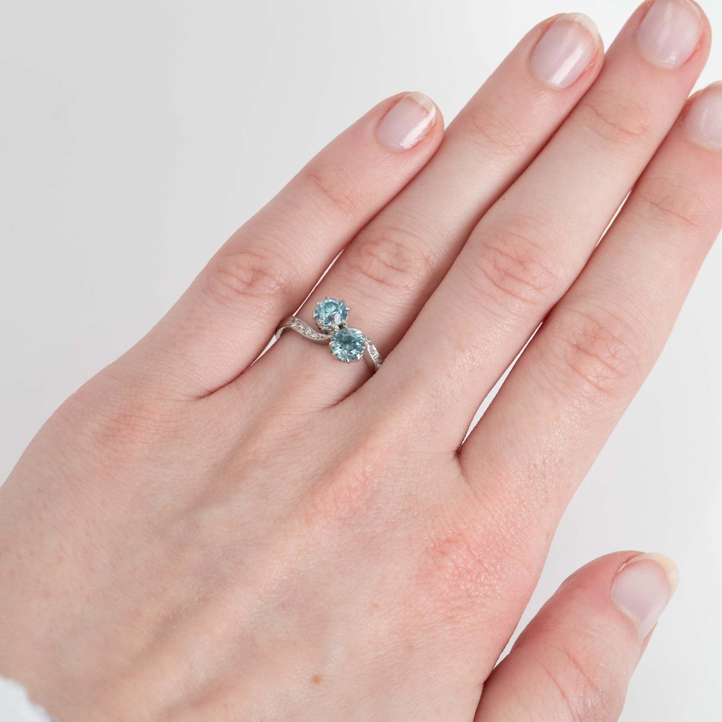 Art Deco Platinum Blue Zircon Two Stone Crossover Ring - Friar House