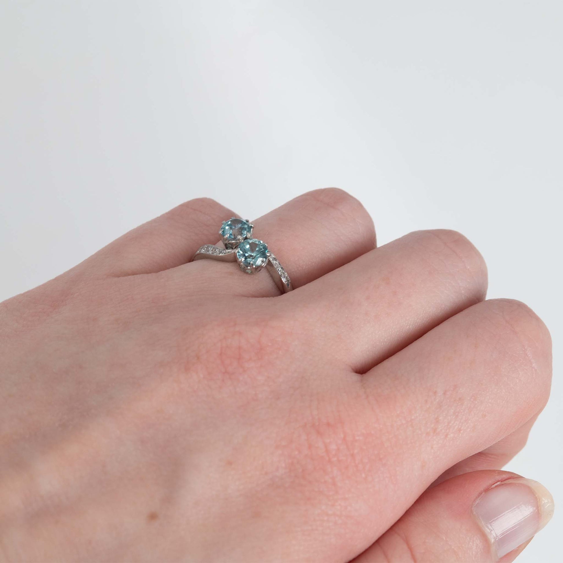 Art Deco Platinum Blue Zircon Two Stone Crossover Ring - Friar House