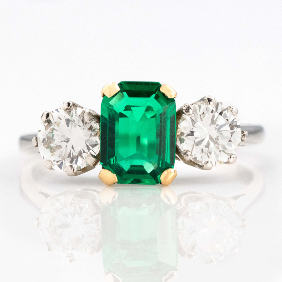 Art Deco Platinum Emerald and Diamond Three Stone Ring - Friar House