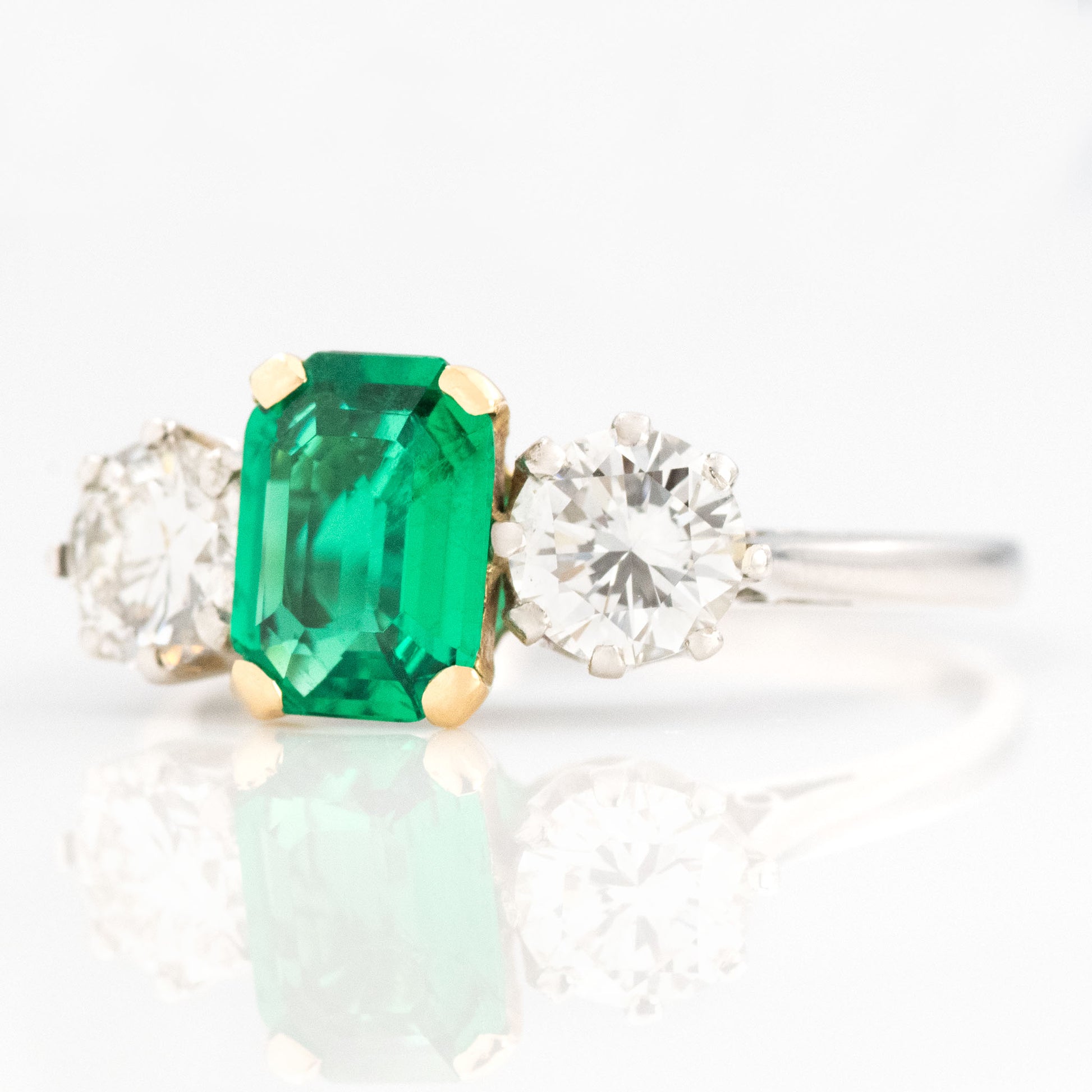 Art Deco Platinum Emerald and Diamond Three Stone Ring - Friar House
