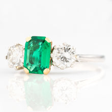 Art Deco Platinum Emerald and Diamond Three Stone Ring - Friar House