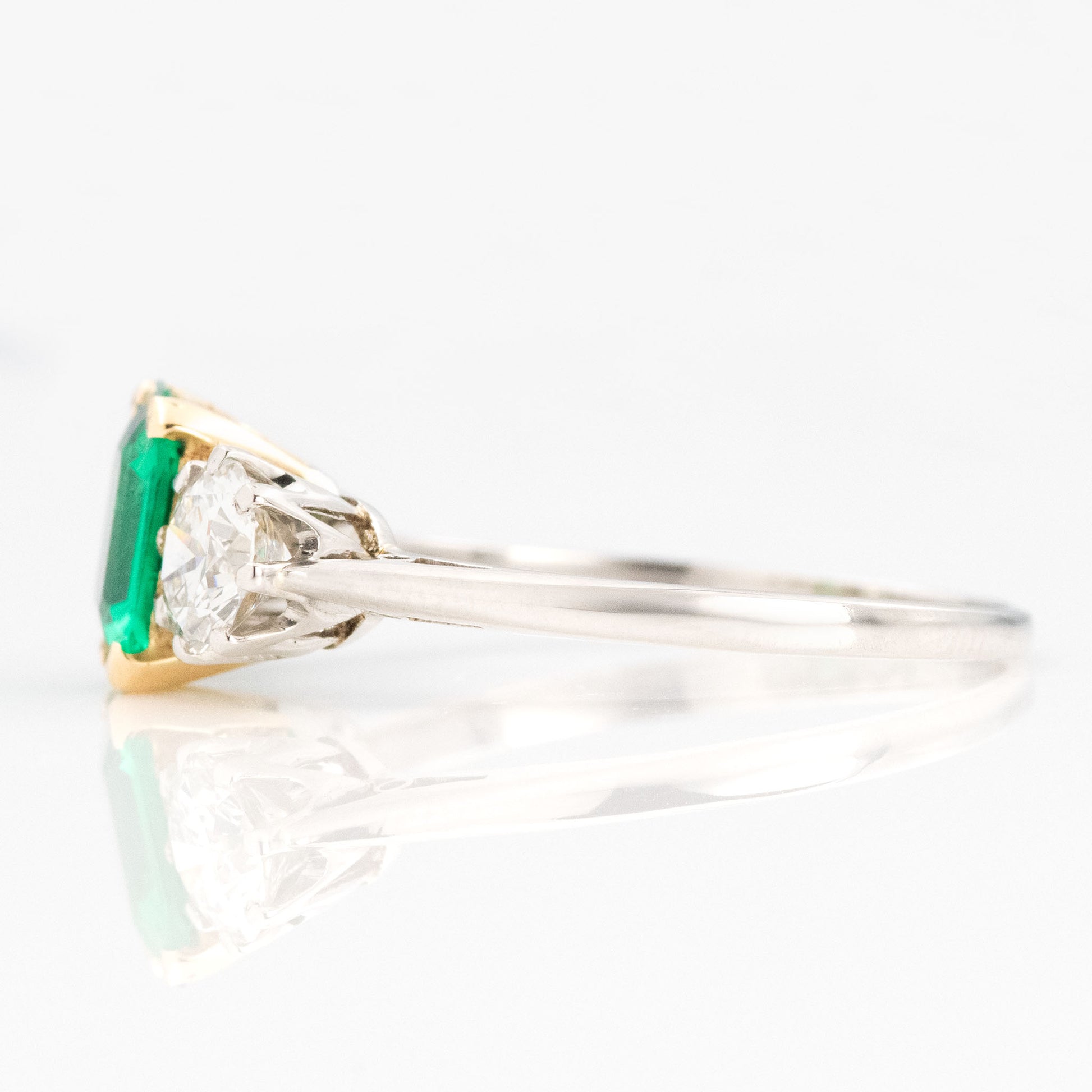 Art Deco Platinum Emerald and Diamond Three Stone Ring - Friar House