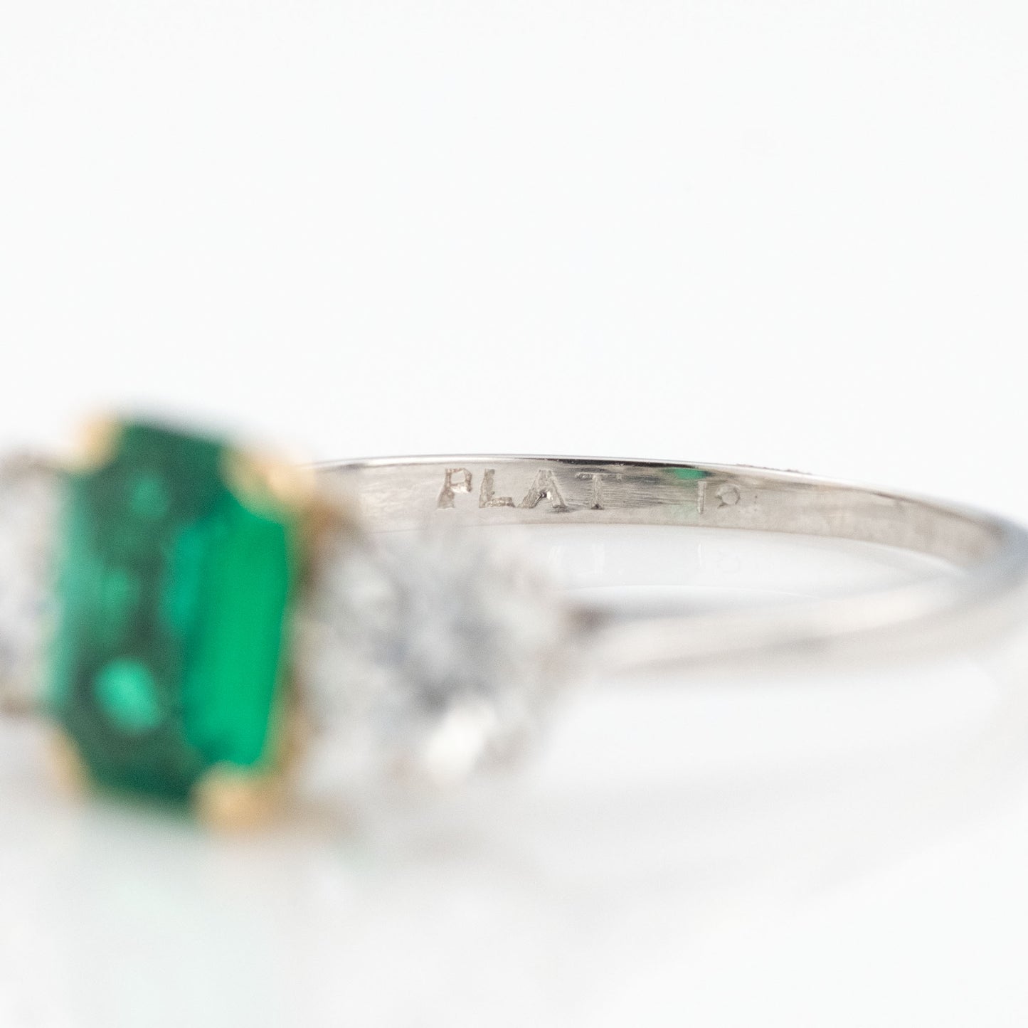 Art Deco Platinum Emerald and Diamond Three Stone Ring - Friar House