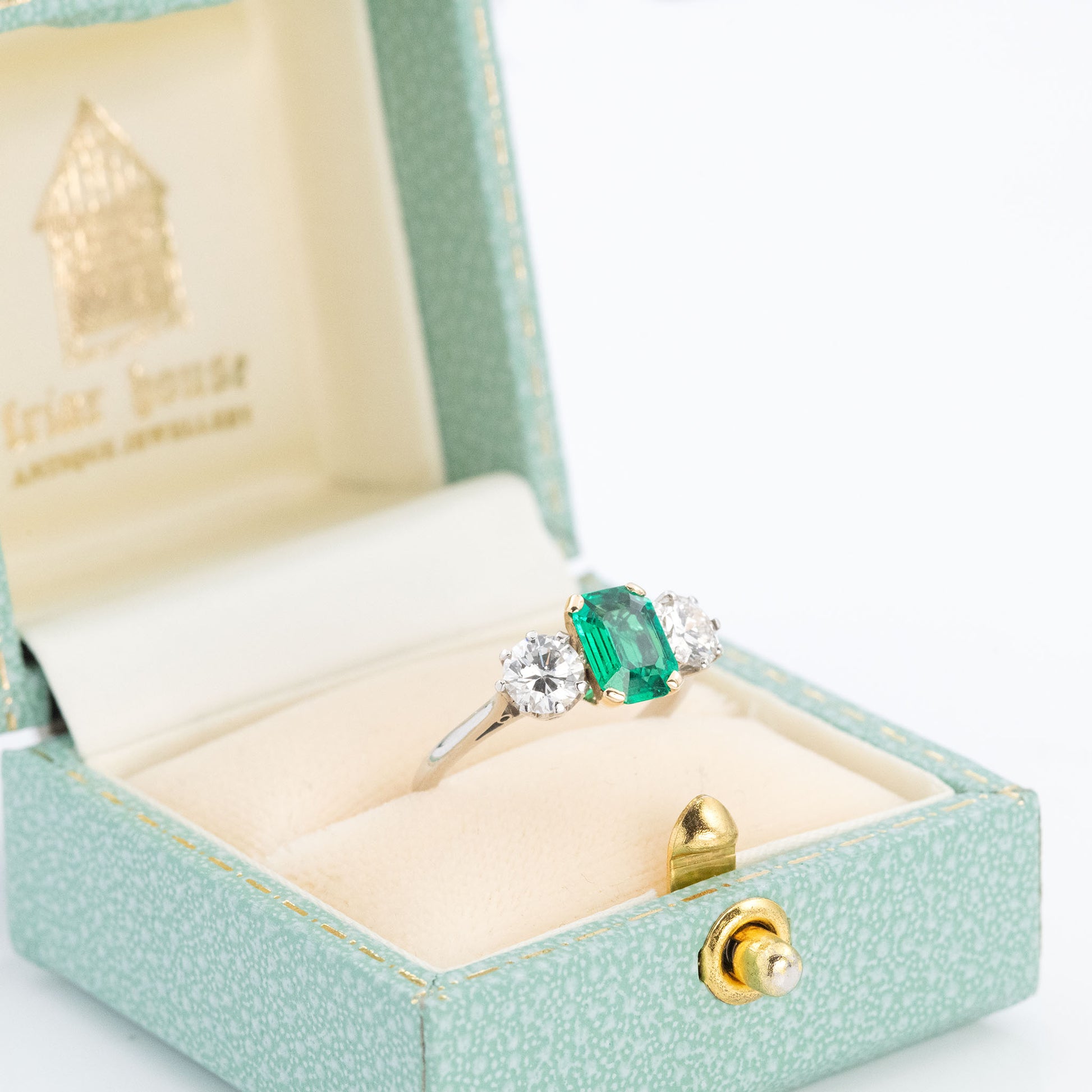 Art Deco Platinum Emerald and Diamond Three Stone Ring - Friar House