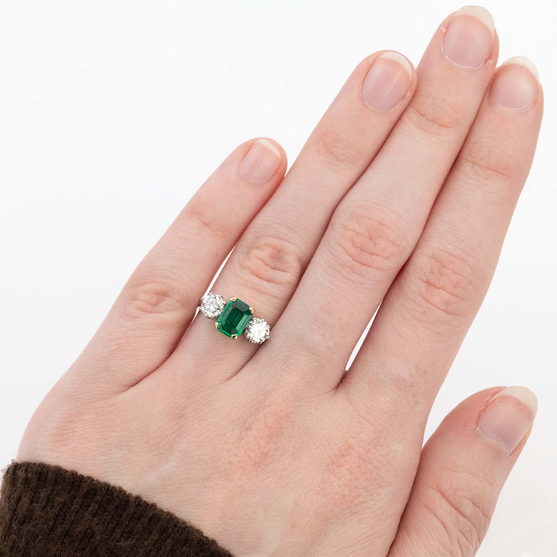Art Deco Platinum Emerald and Diamond Three Stone Ring - Friar House