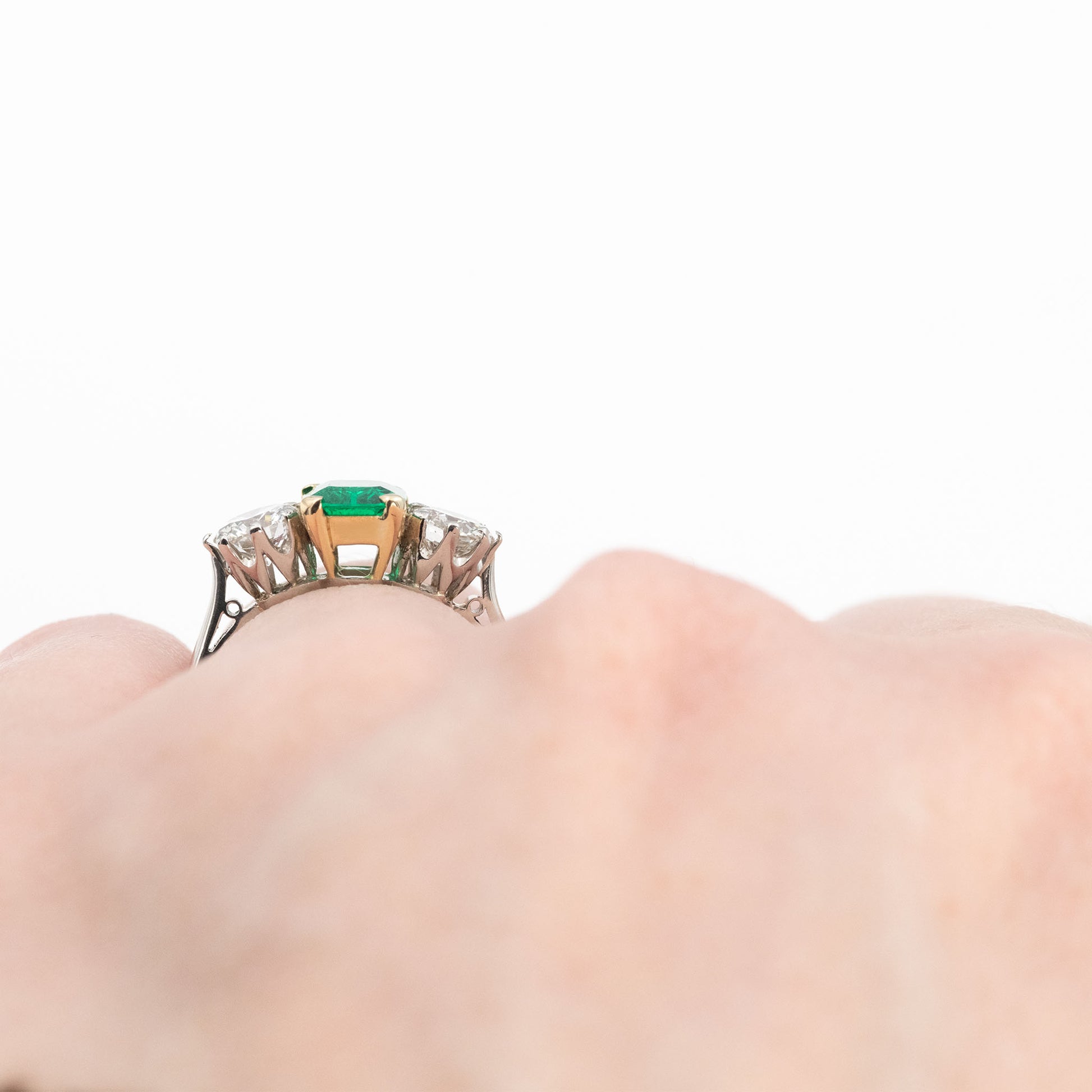 Art Deco Platinum Emerald and Diamond Three Stone Ring - Friar House