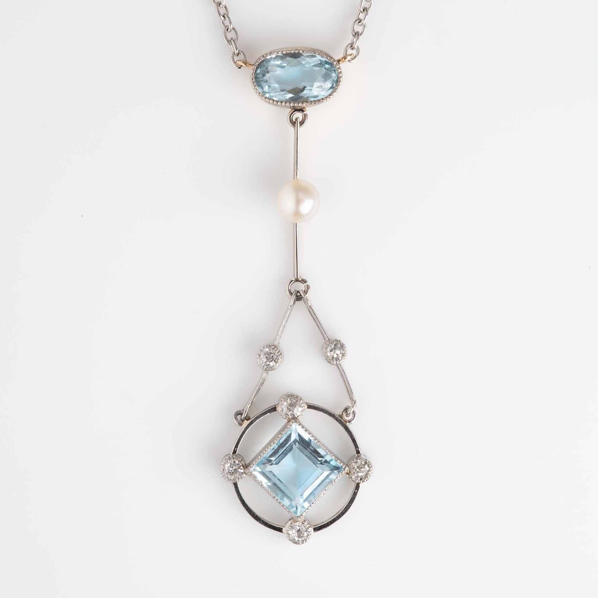 Art Deco Platinum Gold Aquamarine Diamond and Seed Pearl Pendant - Friar House