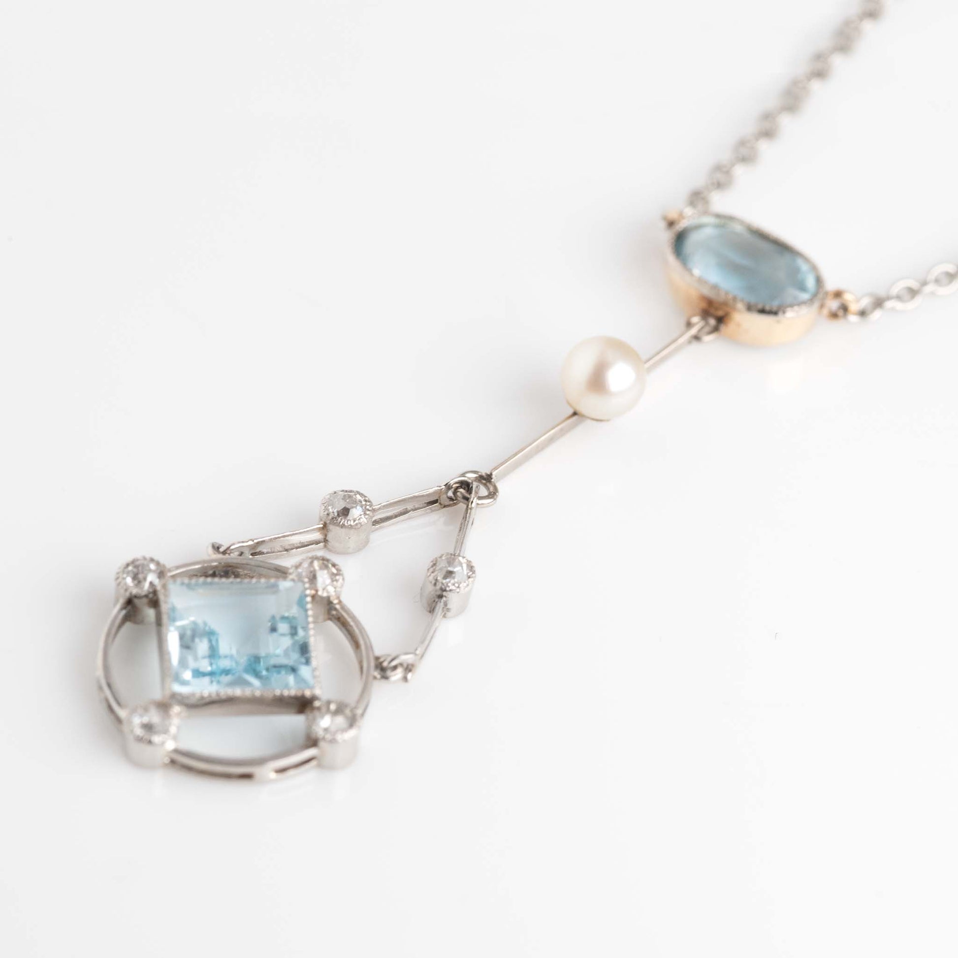Art Deco Platinum Gold Aquamarine Diamond and Seed Pearl Pendant - Friar House