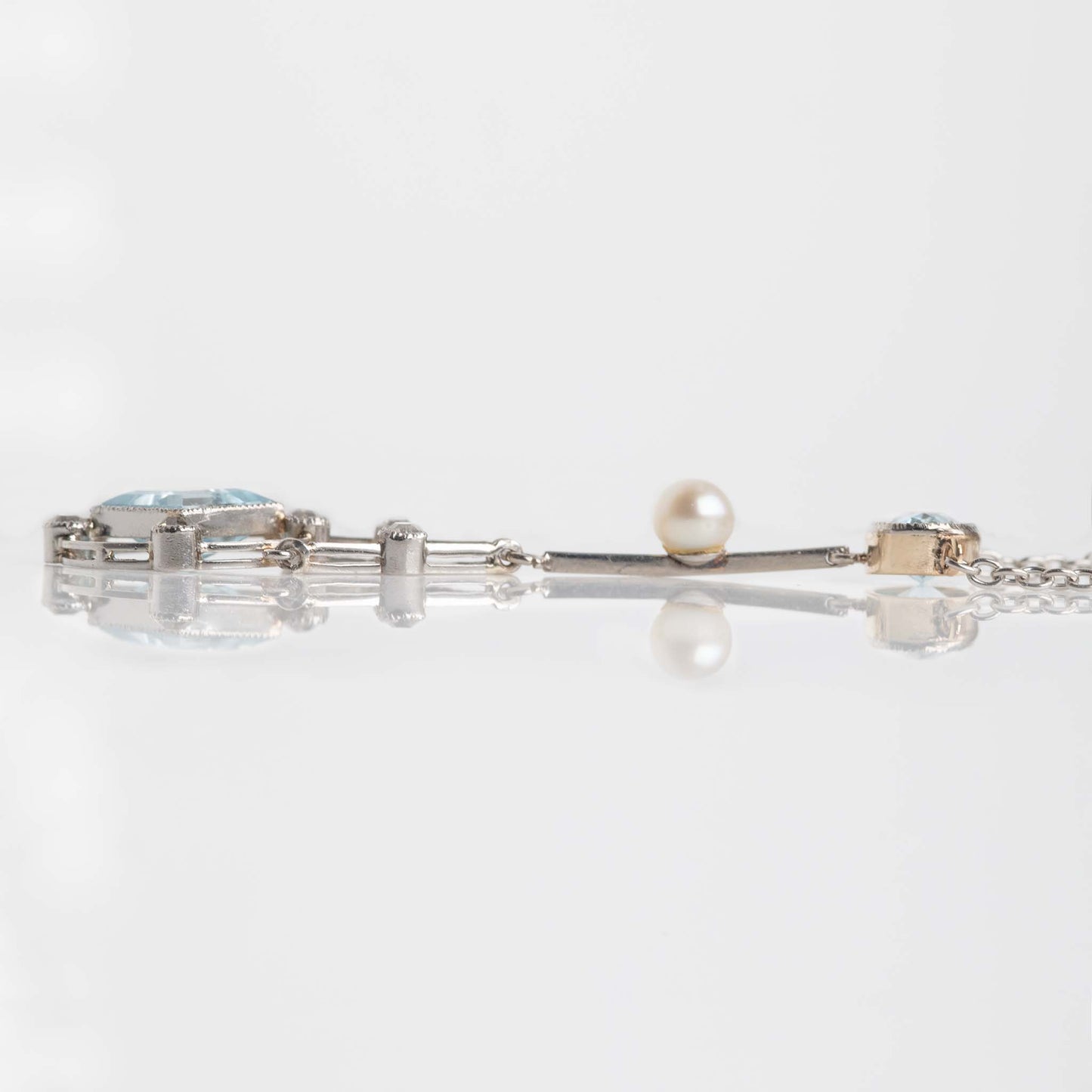 Art Deco Platinum Gold Aquamarine Diamond and Seed Pearl Pendant  - Friar House