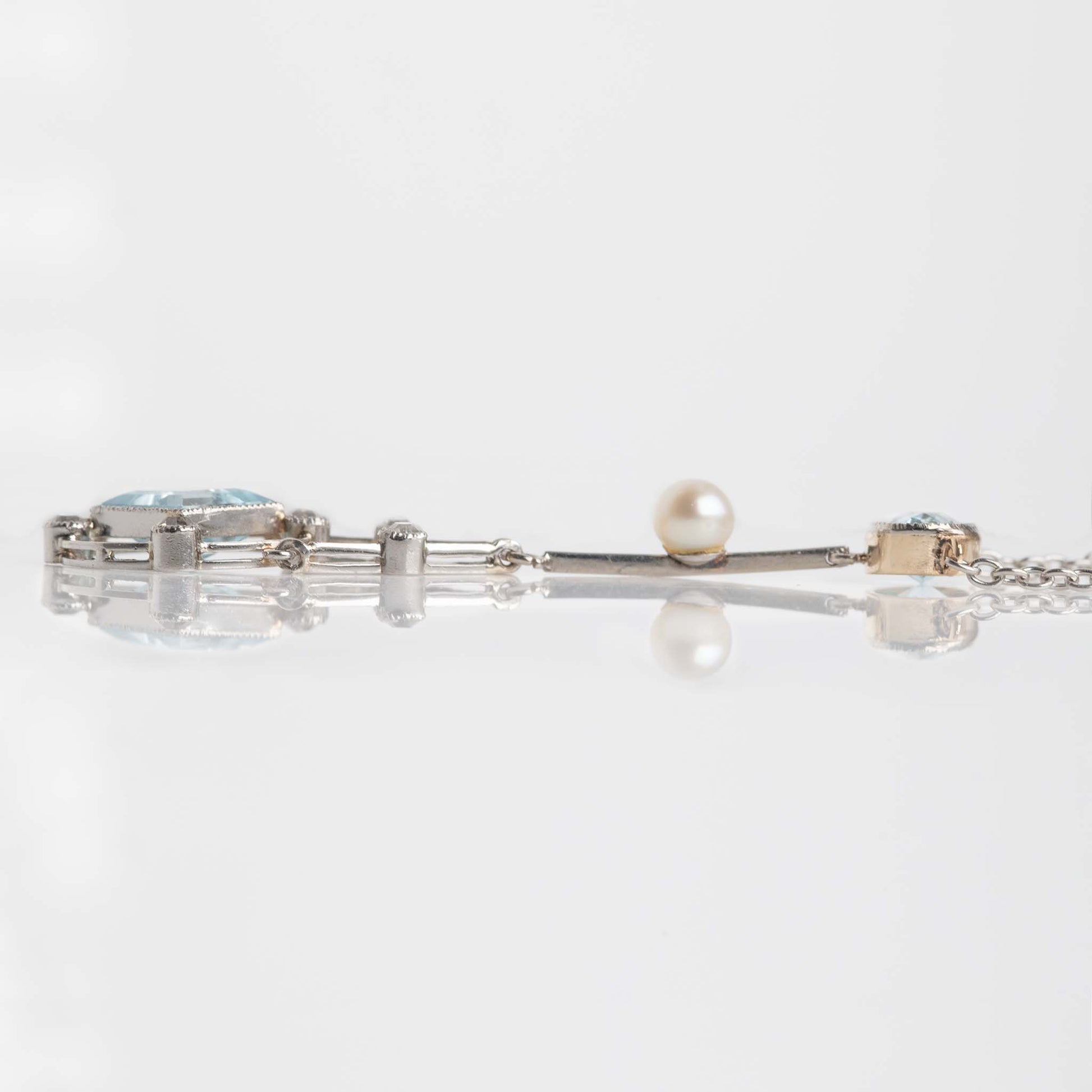 Art Deco Platinum Gold Aquamarine Diamond and Seed Pearl Pendant  - Friar House