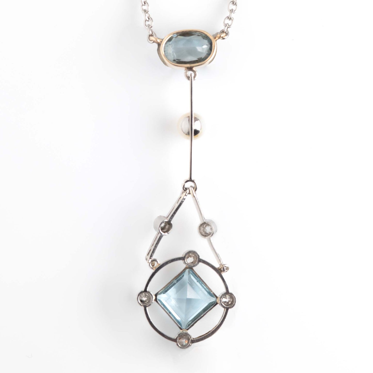 Art Deco Platinum Gold Aquamarine Diamond and Seed Pearl Pendant - Friar House