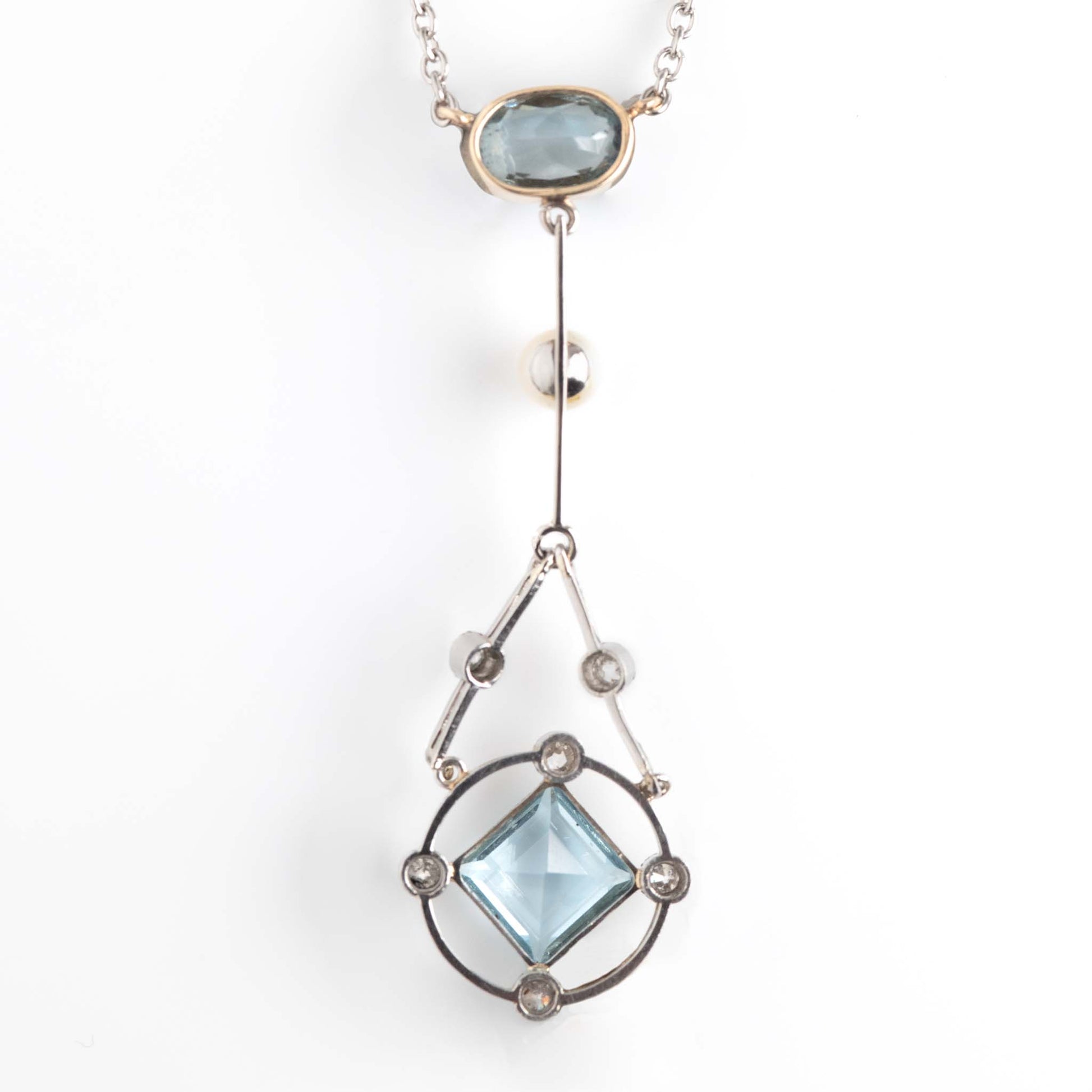 Art Deco Platinum Gold Aquamarine Diamond and Seed Pearl Pendant - Friar House