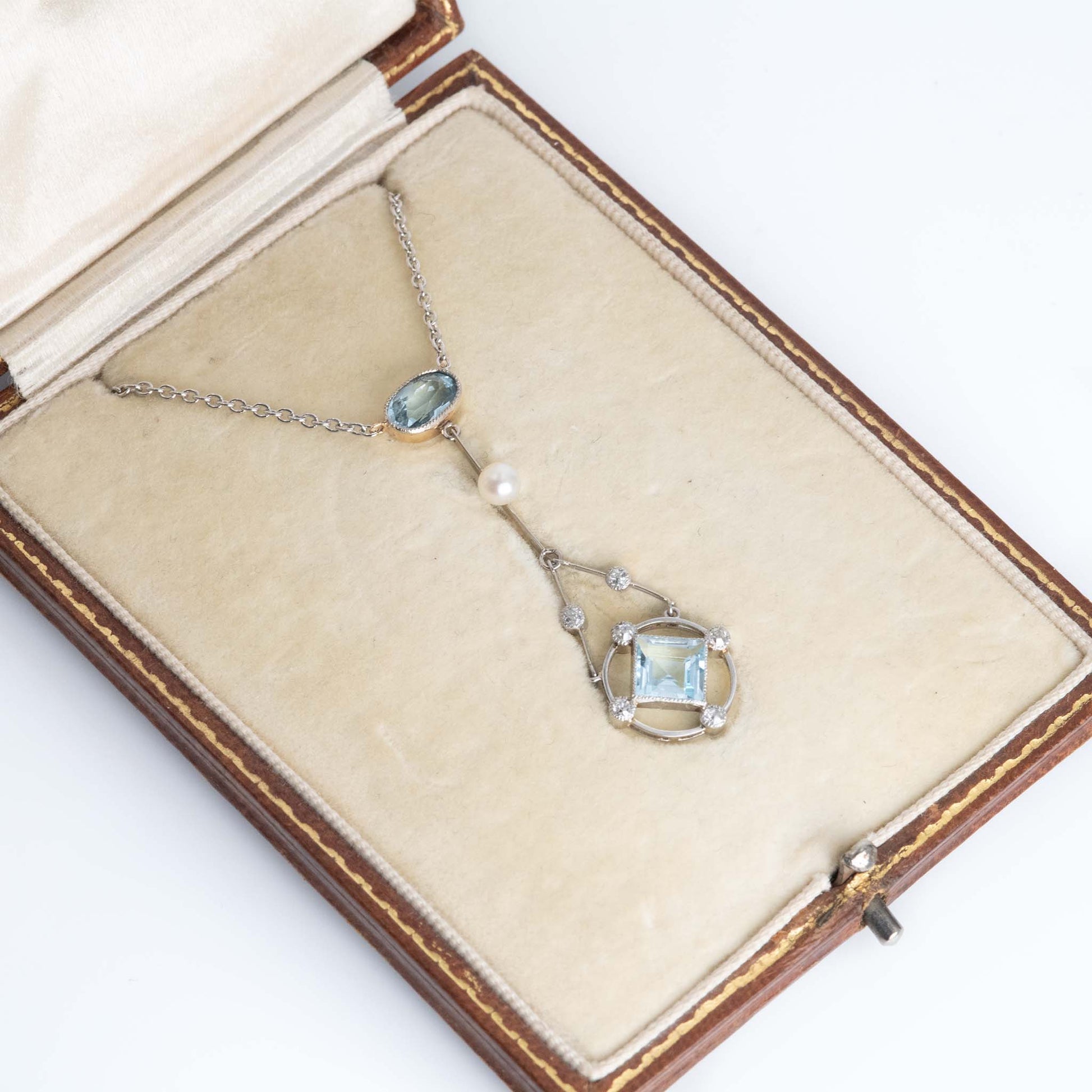 Art Deco Platinum Gold Aquamarine Diamond and Seed Pearl Pendant  - Friar House