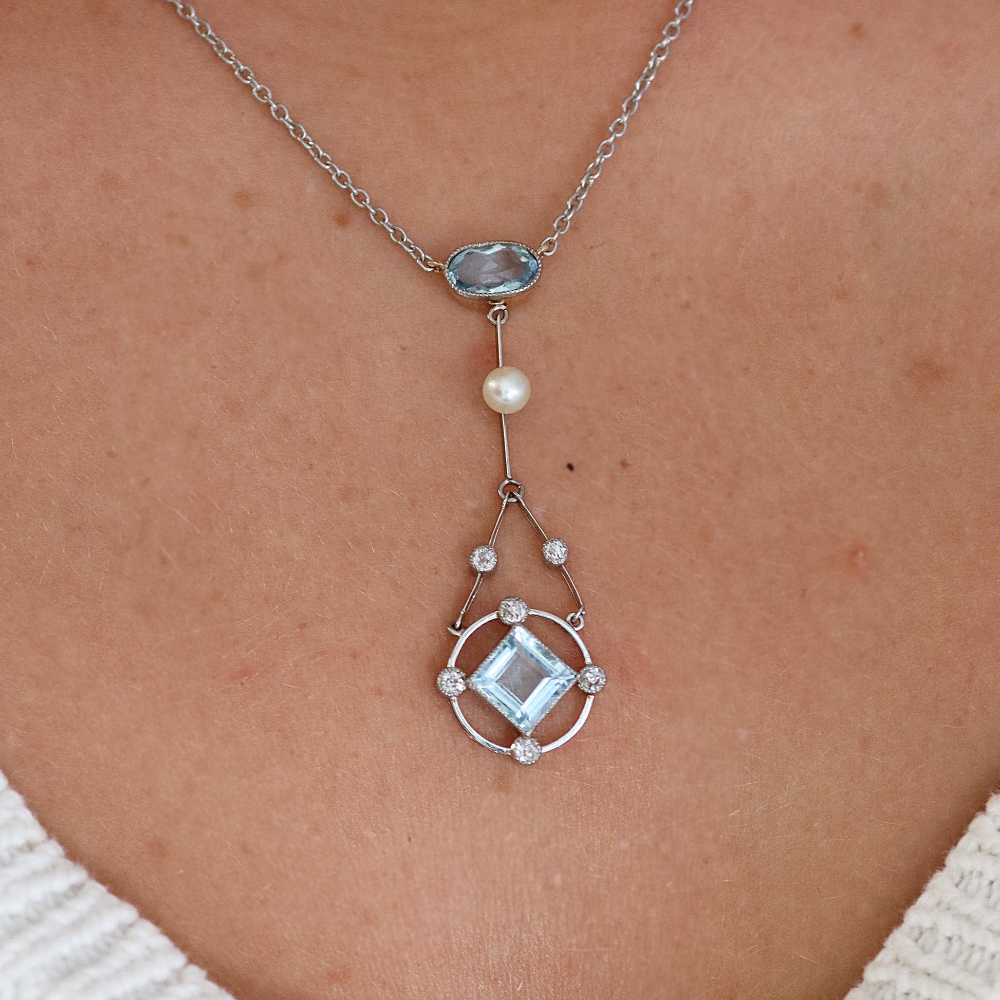 Art Deco Platinum Gold Aquamarine Diamond and Seed Pearl Pendant - Friar House