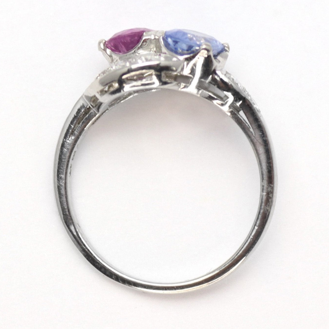 Art Deco Platinum Pink and Blue Sapphire Two Stone Crossover Ring - Friar House