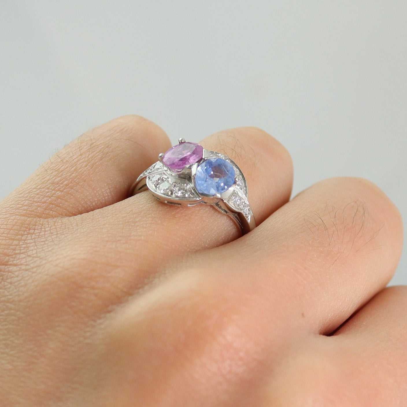 Art Deco Platinum Pink and Blue Sapphire Two Stone Crossover Ring - Friar House