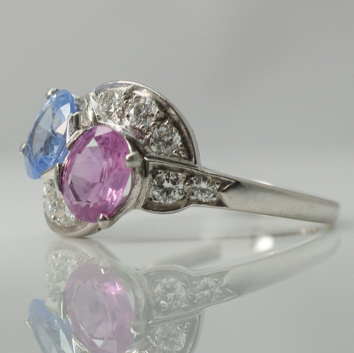 Art Deco Platinum Pink and Blue Sapphire Two Stone Crossover Ring - Friar House