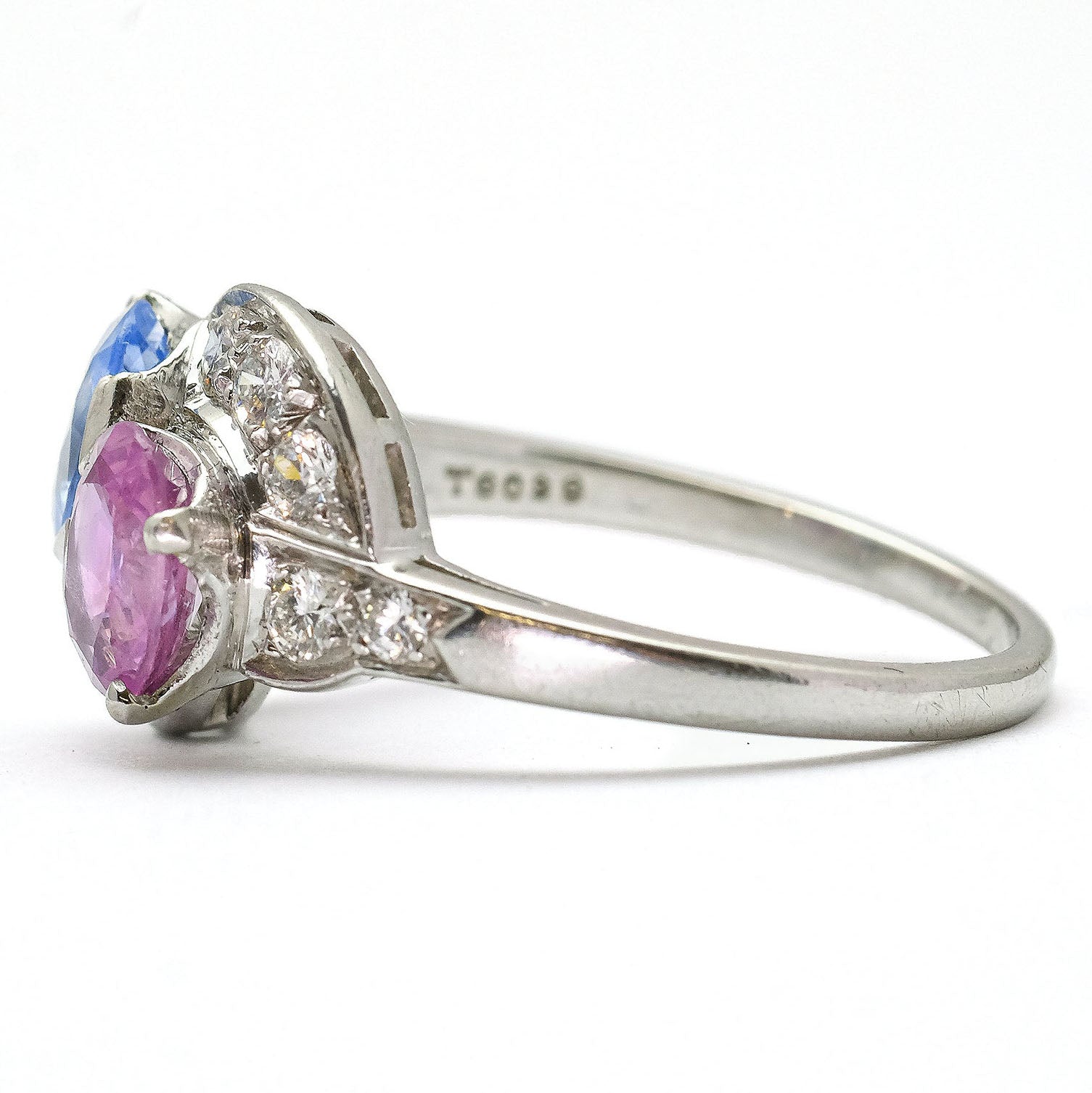 Art Deco Platinum Pink and Blue Sapphire Two Stone Crossover Ring - Friar House