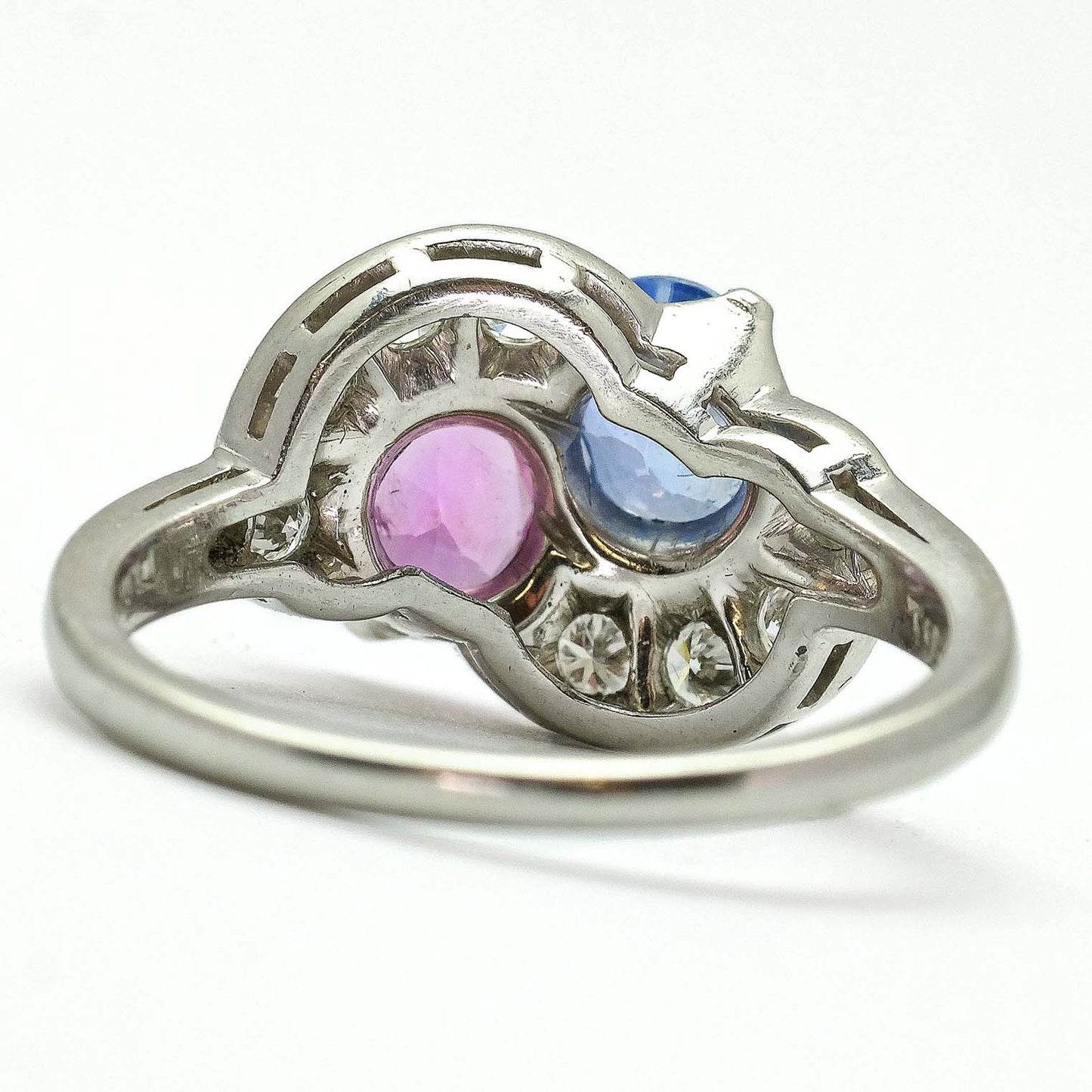 Art Deco Platinum Pink and Blue Sapphire Two Stone Crossover Ring - Friar House