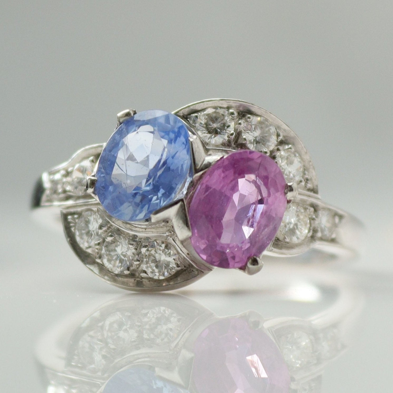 Art Deco Platinum Pink and Blue Sapphire Two Stone Crossover Ring - Friar House