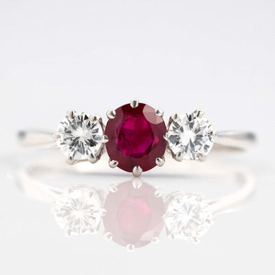 Art Deco Platinum Ruby and Diamond Three Stone Ring - Friar House