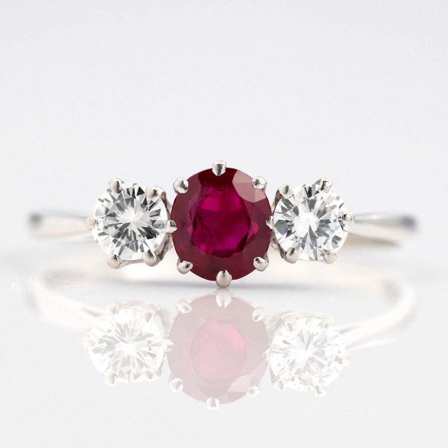 Art Deco Platinum Ruby and Diamond Three Stone Ring - Friar House