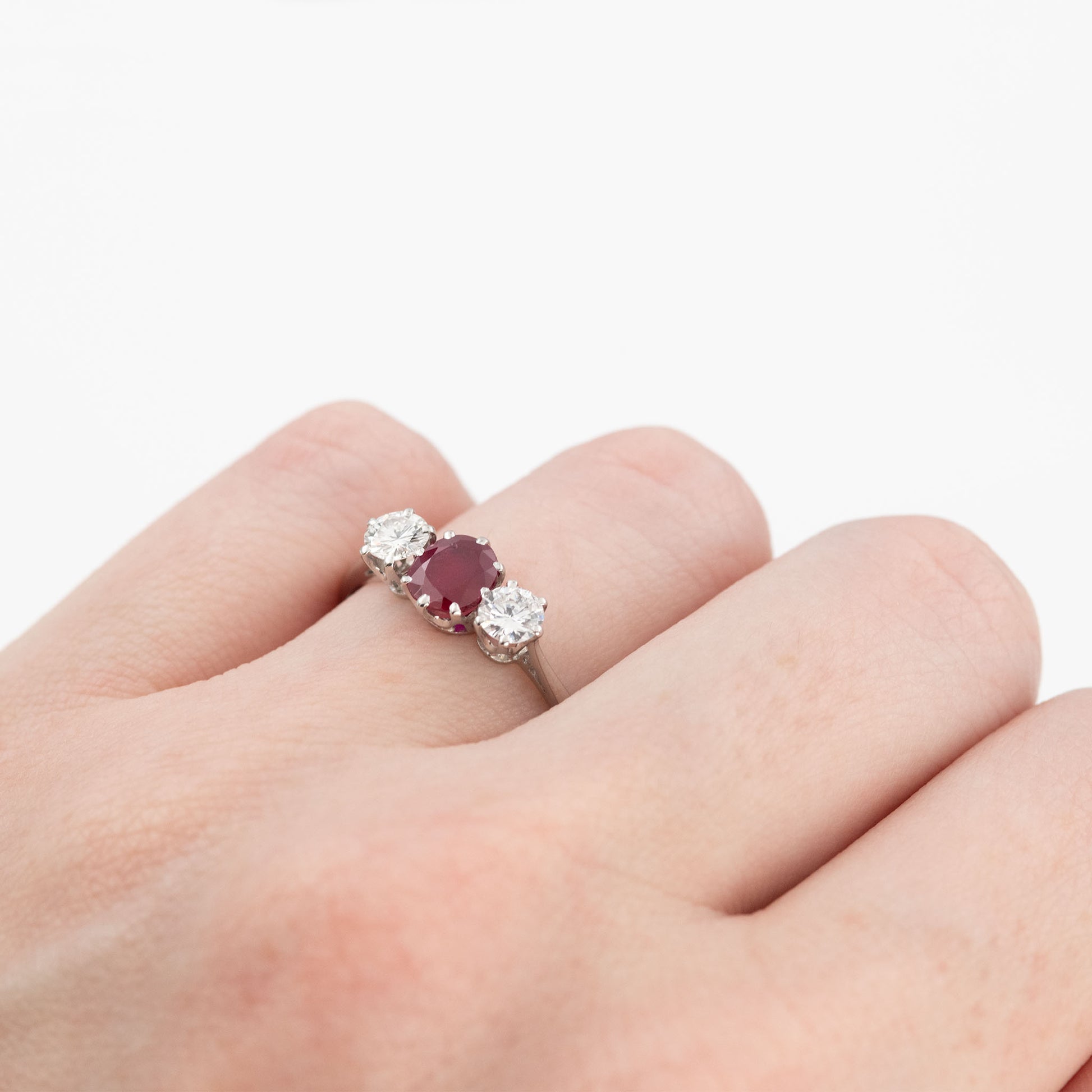 Art Deco Platinum Ruby and Diamond Three Stone Ring - Friar House