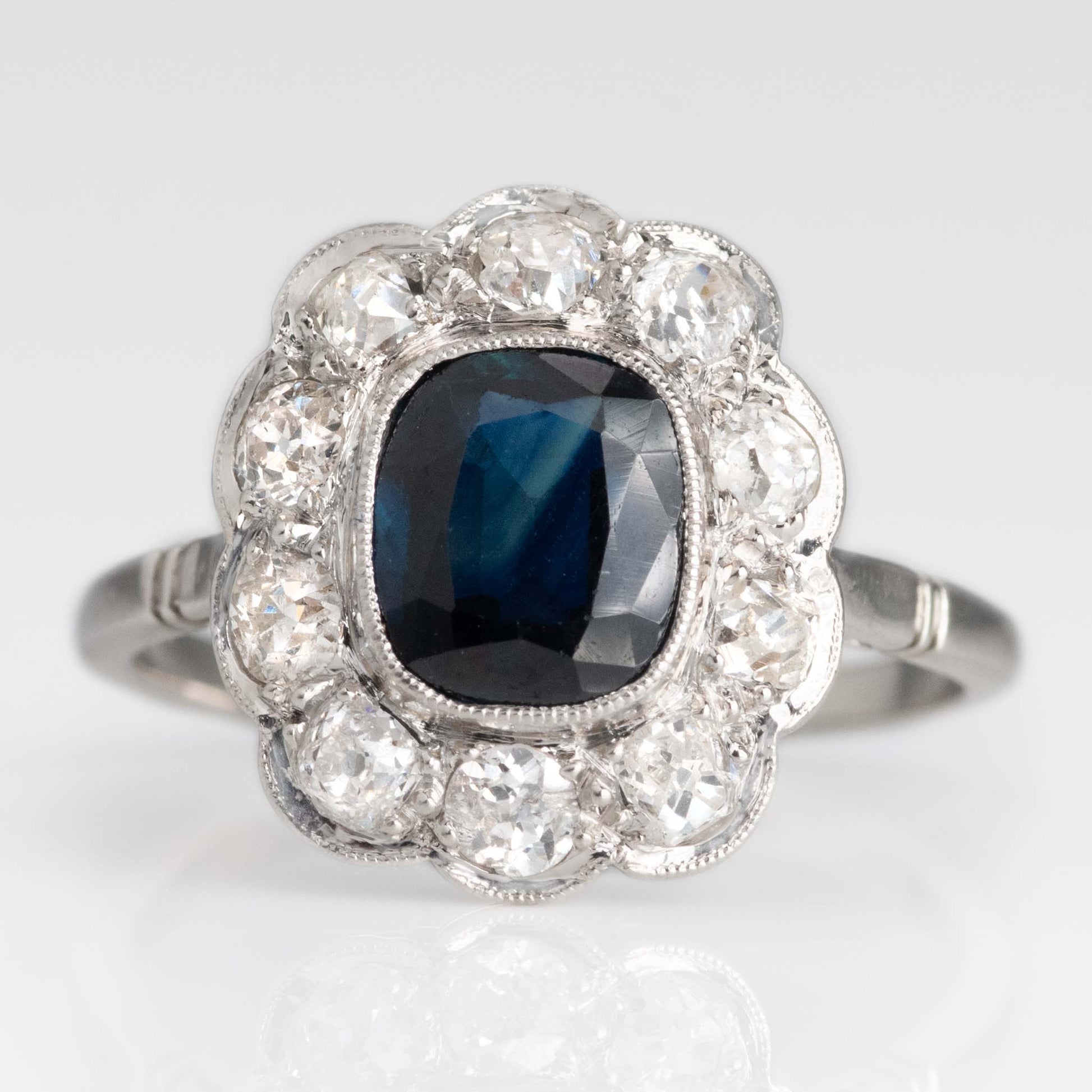 Art Deco Platinum Sapphire and Diamond Cluster Ring - Friar House