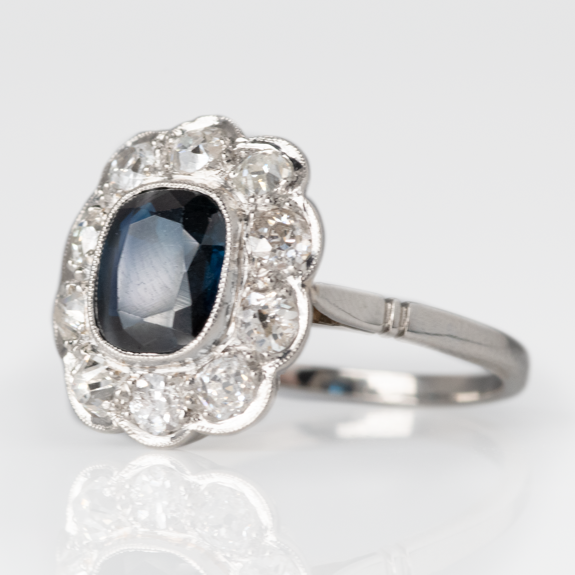 Art Deco Platinum Sapphire and Diamond Cluster Ring - Friar House