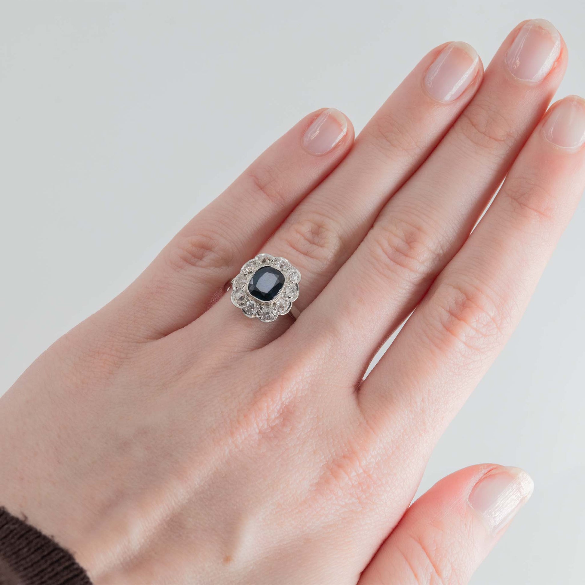 Art Deco Platinum Sapphire and Diamond Cluster Ring - Friar House