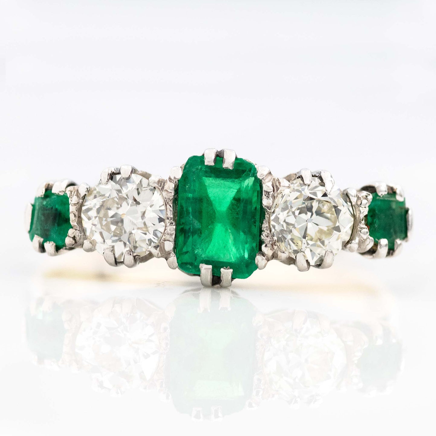 Art Deco Platinum Emerald and Diamond Five Stone Ring